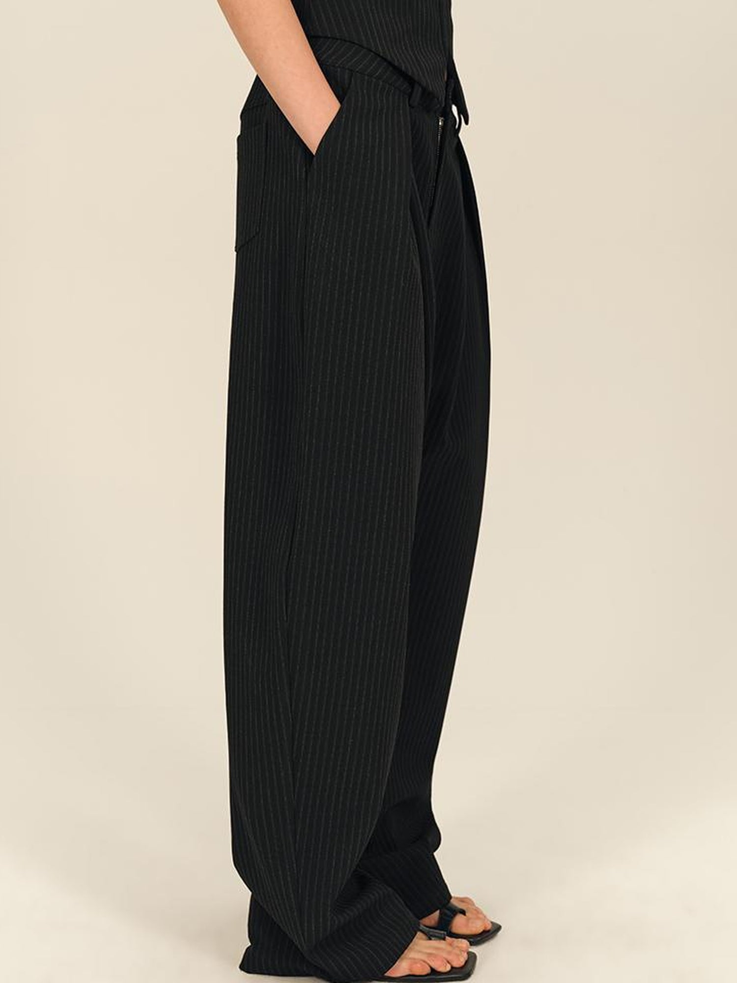 AFTADAWN Retro Striped Wide Leg Trousers With 3D Split Design