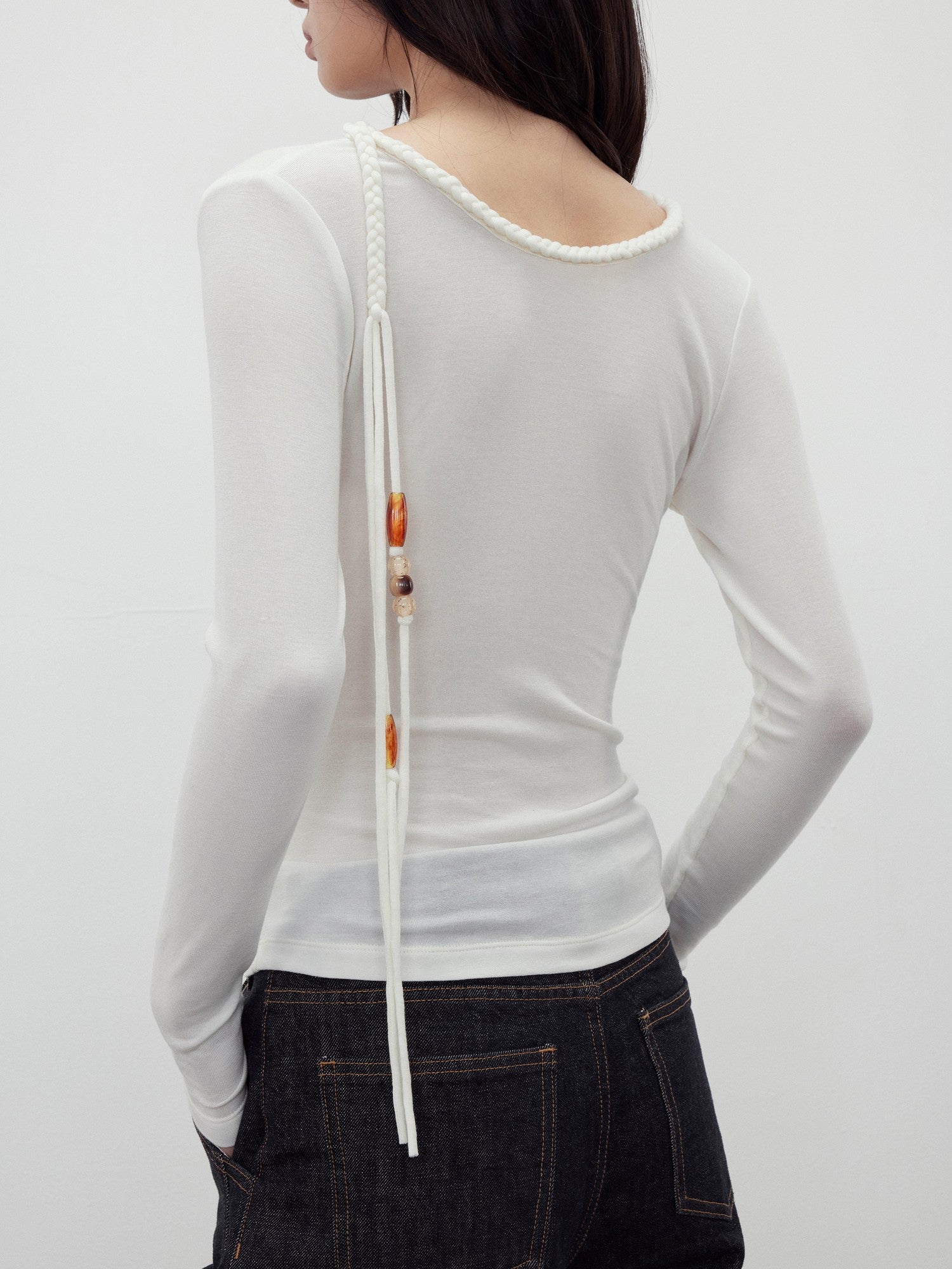 AFTADAWN Reversible Draped Neck Beaded Waist Tie Women&