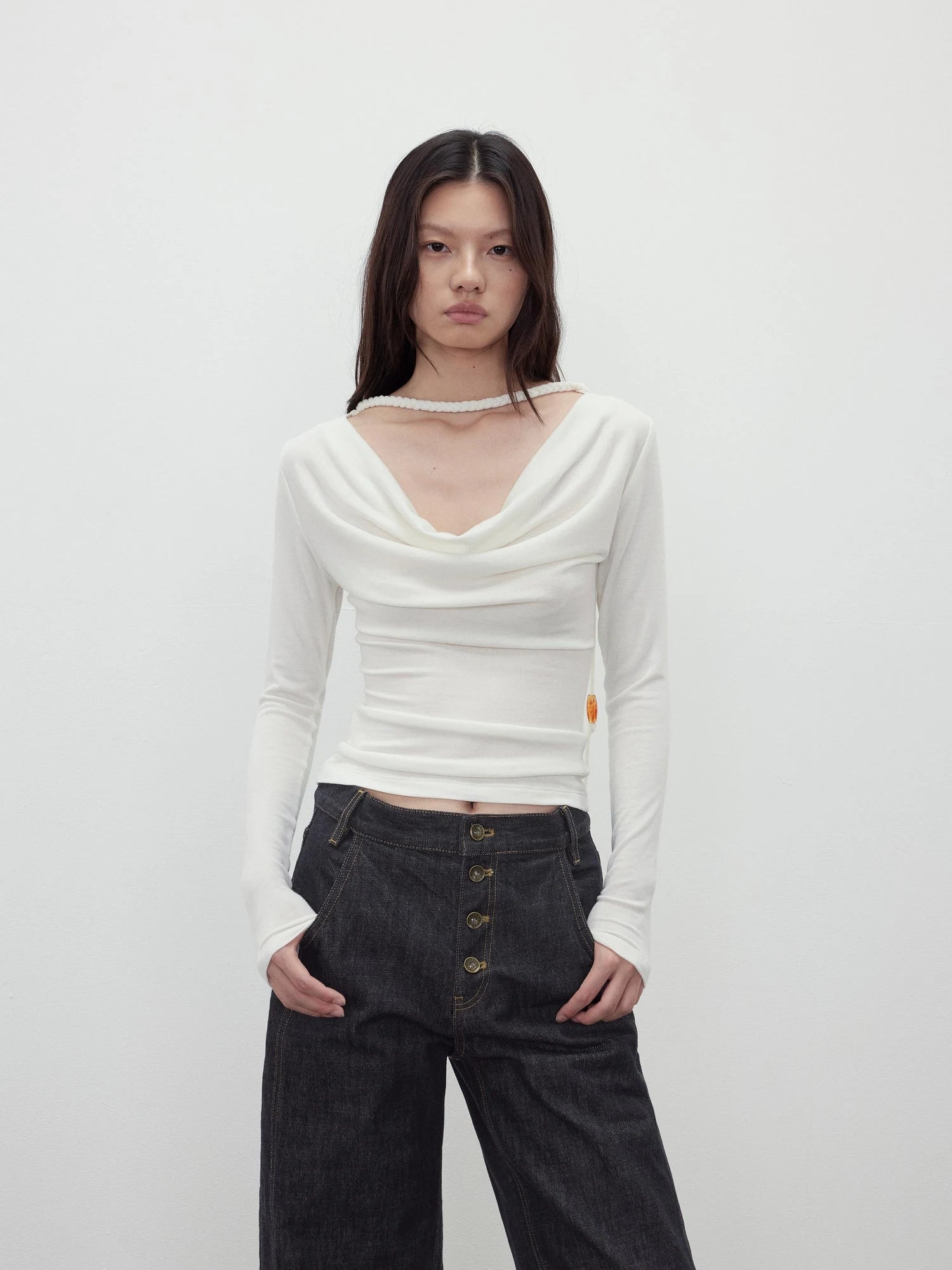 Reversible Merino Wool Beaded Belted Top With Draped Neck