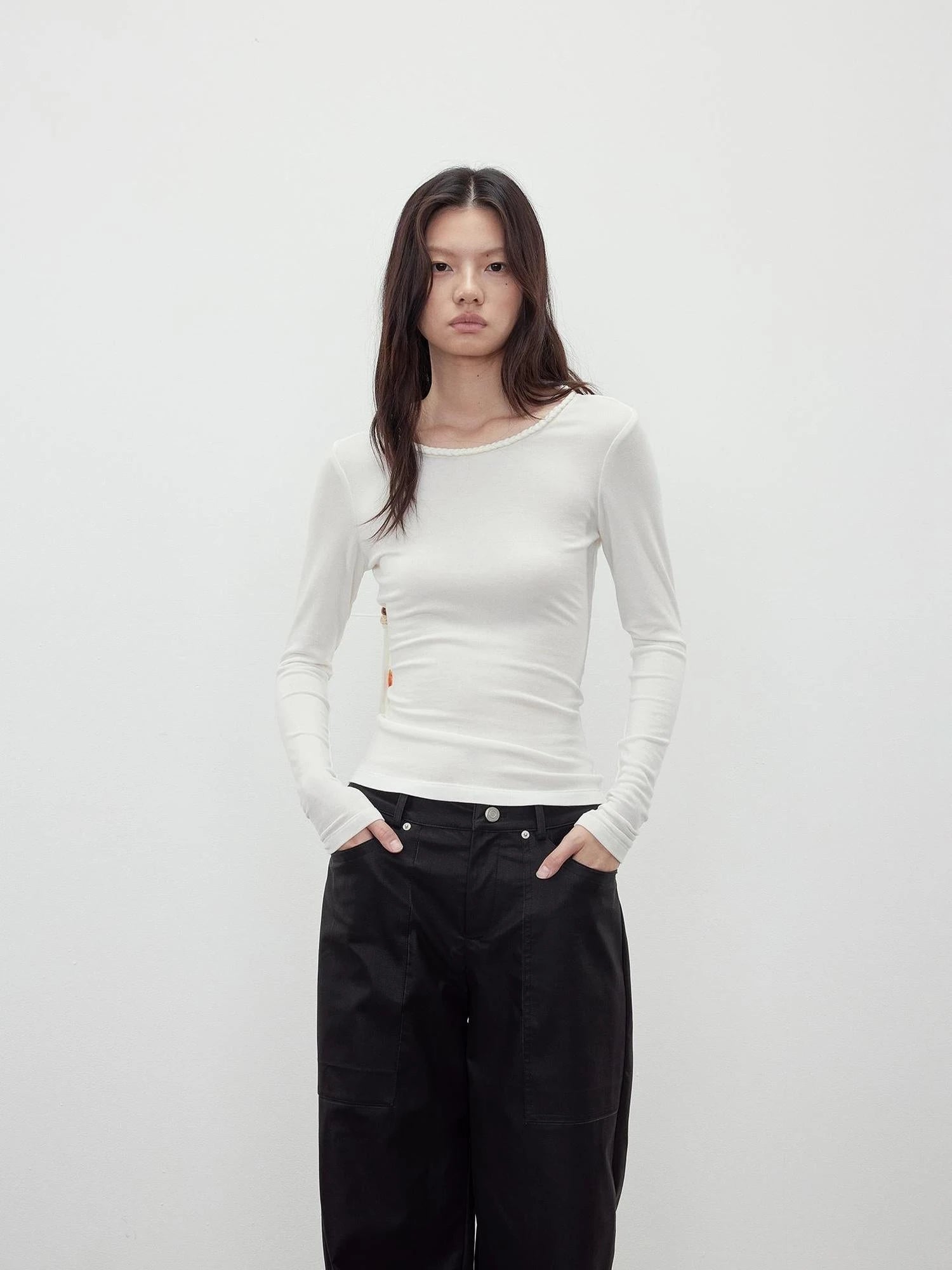 Reversible Merino Wool Beaded Belted Top With Draped Neck