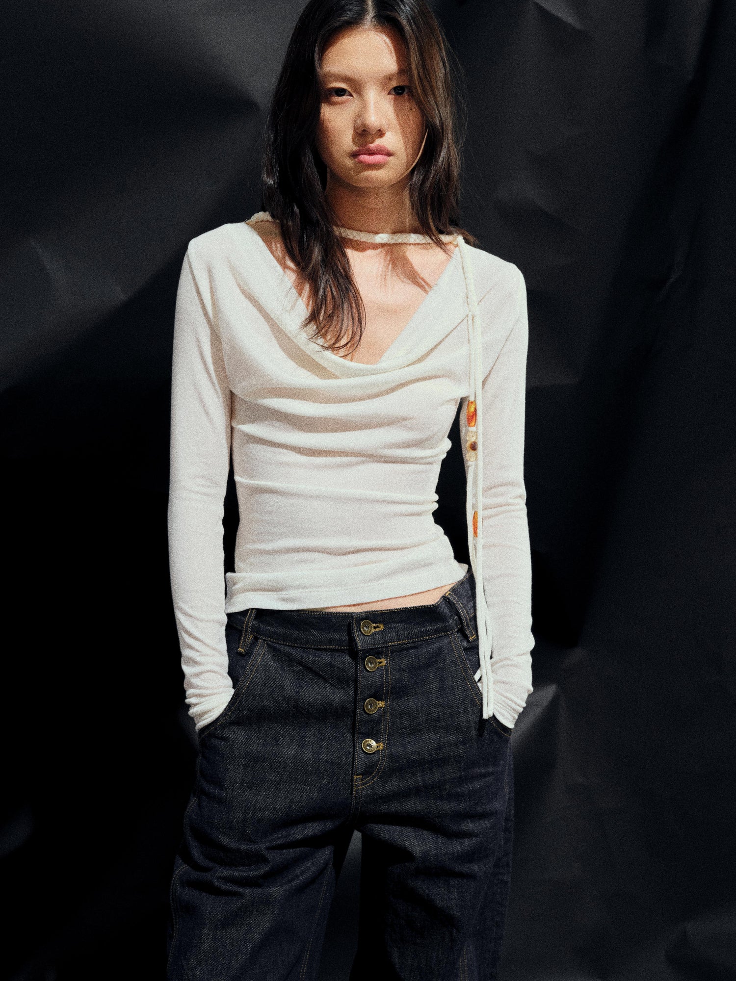 AFTADAWN Reversible Merino Wool Beaded Belted Top With Draped Neck