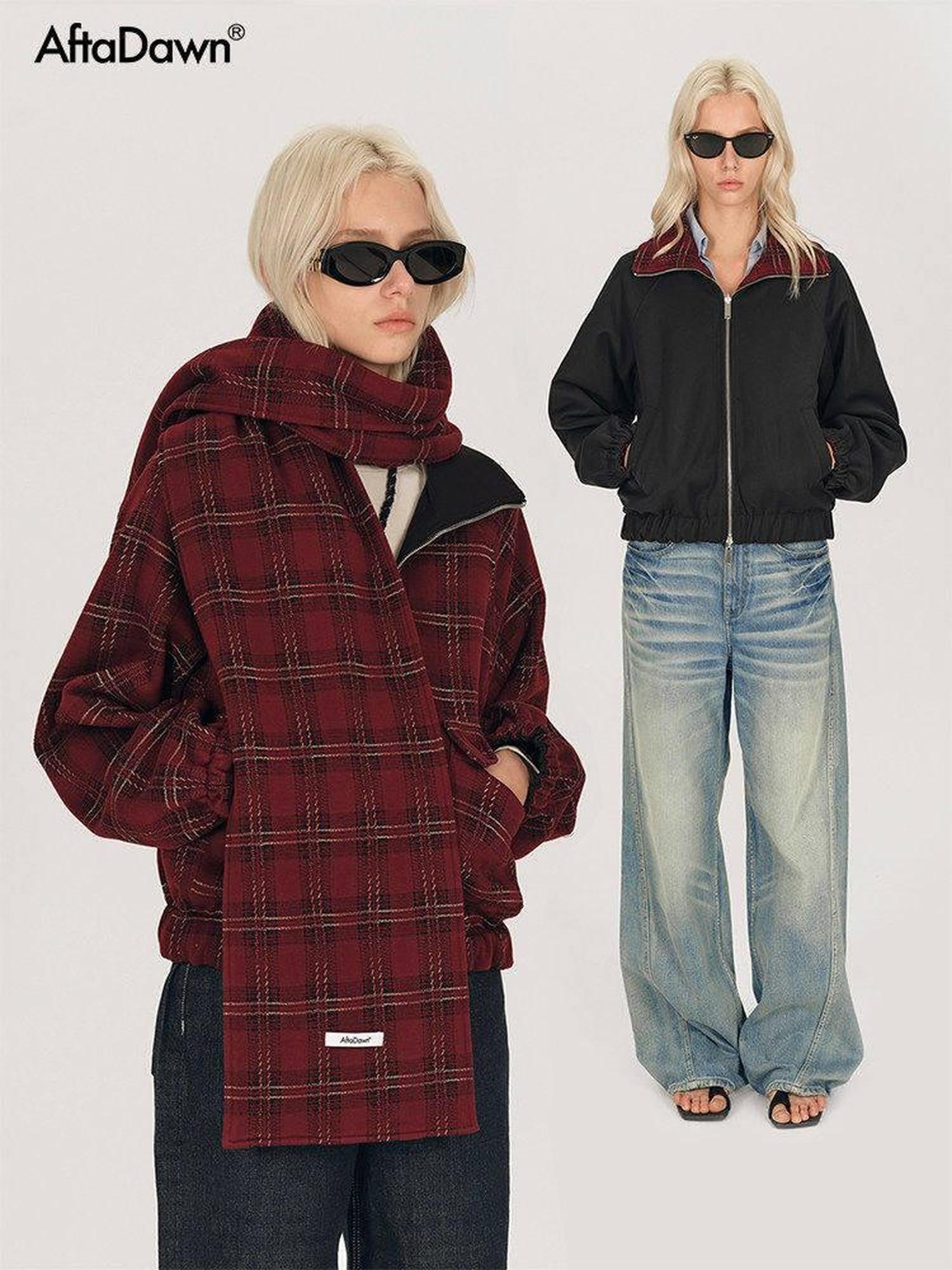 AFTADAWN Reversible Red Plaid Boxy Oversized Women&