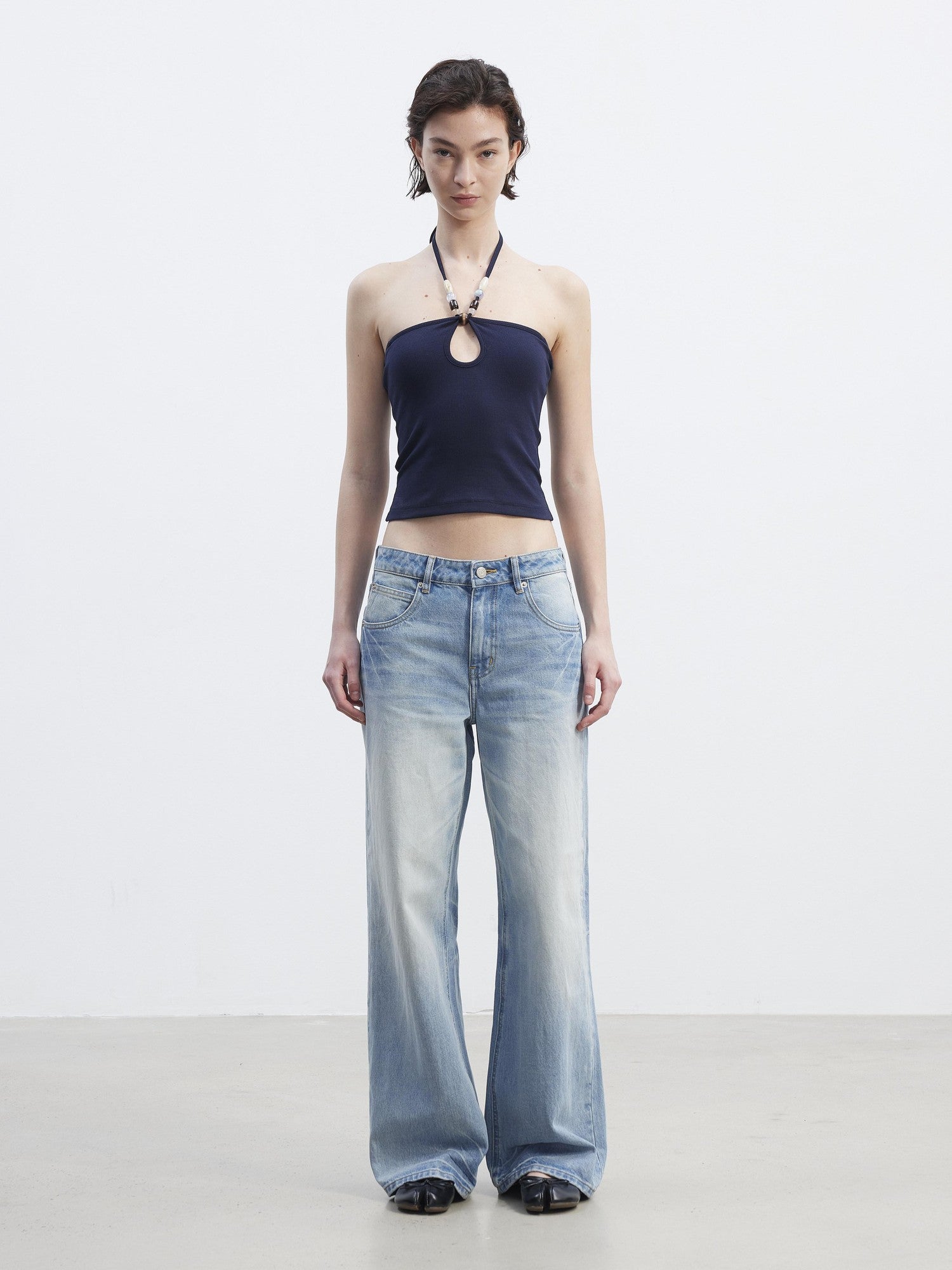 AFTADAWN Ribbed Hollow Beaded Halter Thin Strap Multiway Women&
