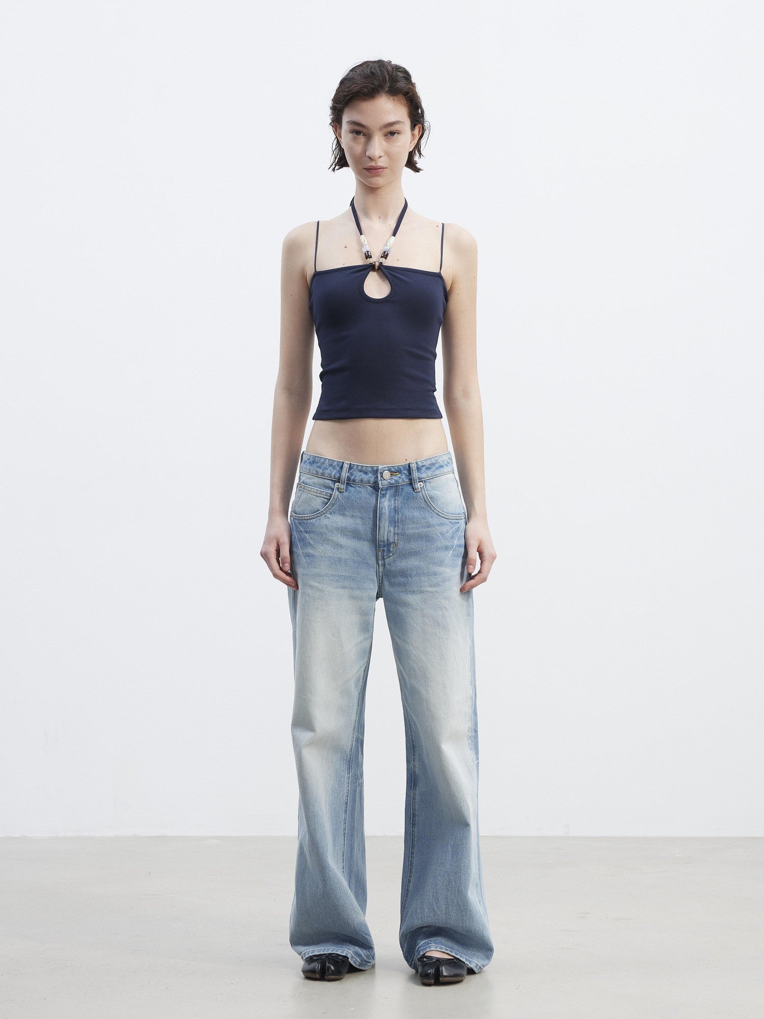AFTADAWN Ribbed Hollow Beaded Halter Thin Strap Multiway Women&