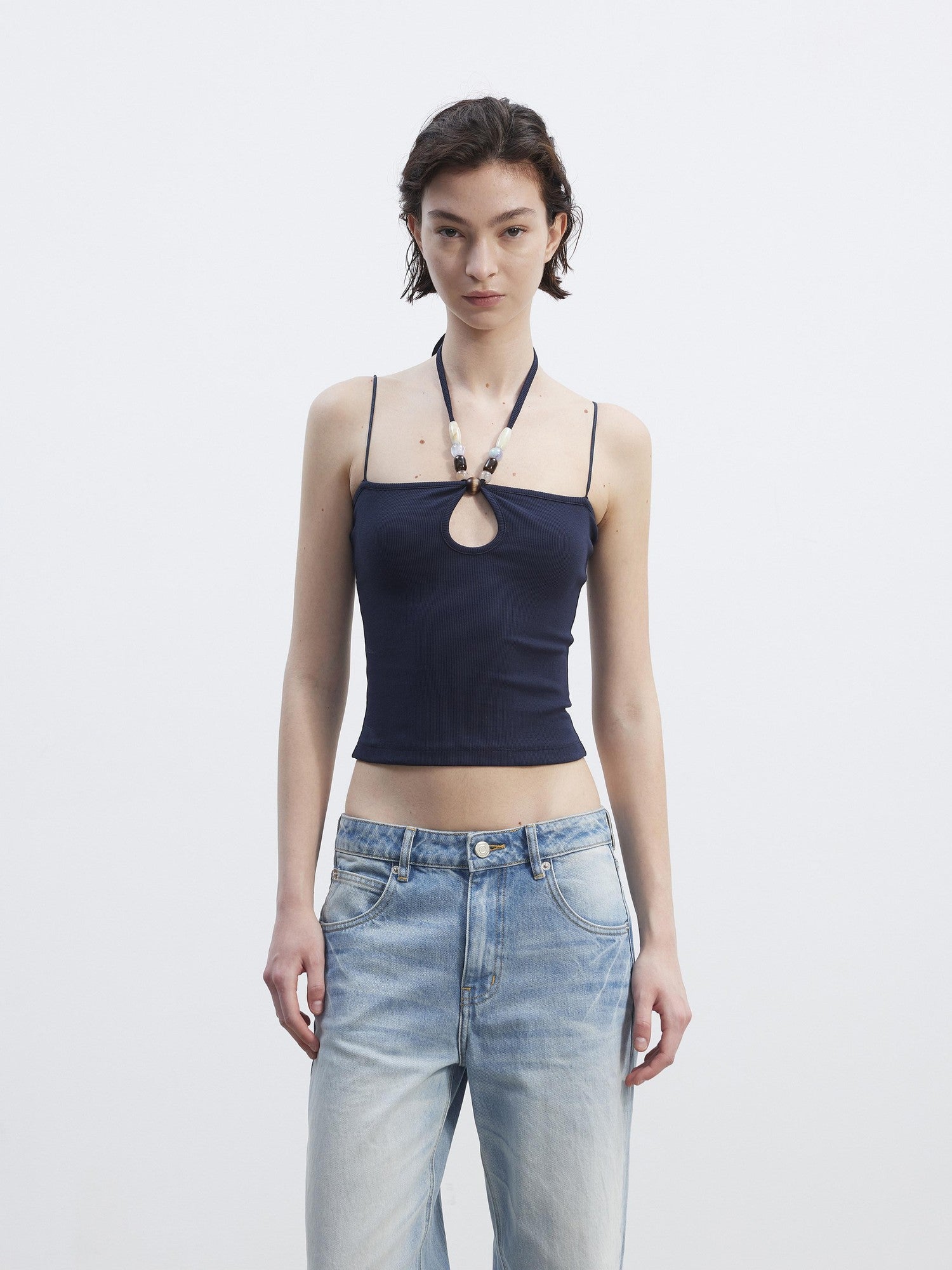AFTADAWN Ribbed Hollow Beaded Halter Thin Strap Multiway Women&