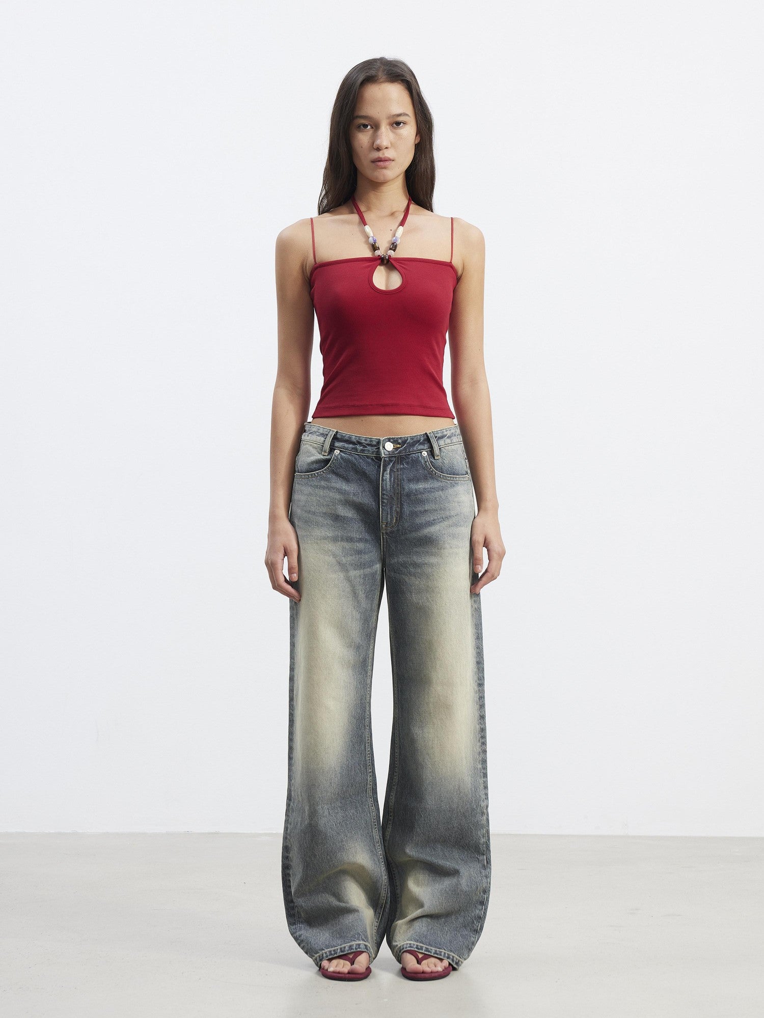 AFTADAWN Ribbed Hollow Beaded Halter Thin Strap Multiway Women&