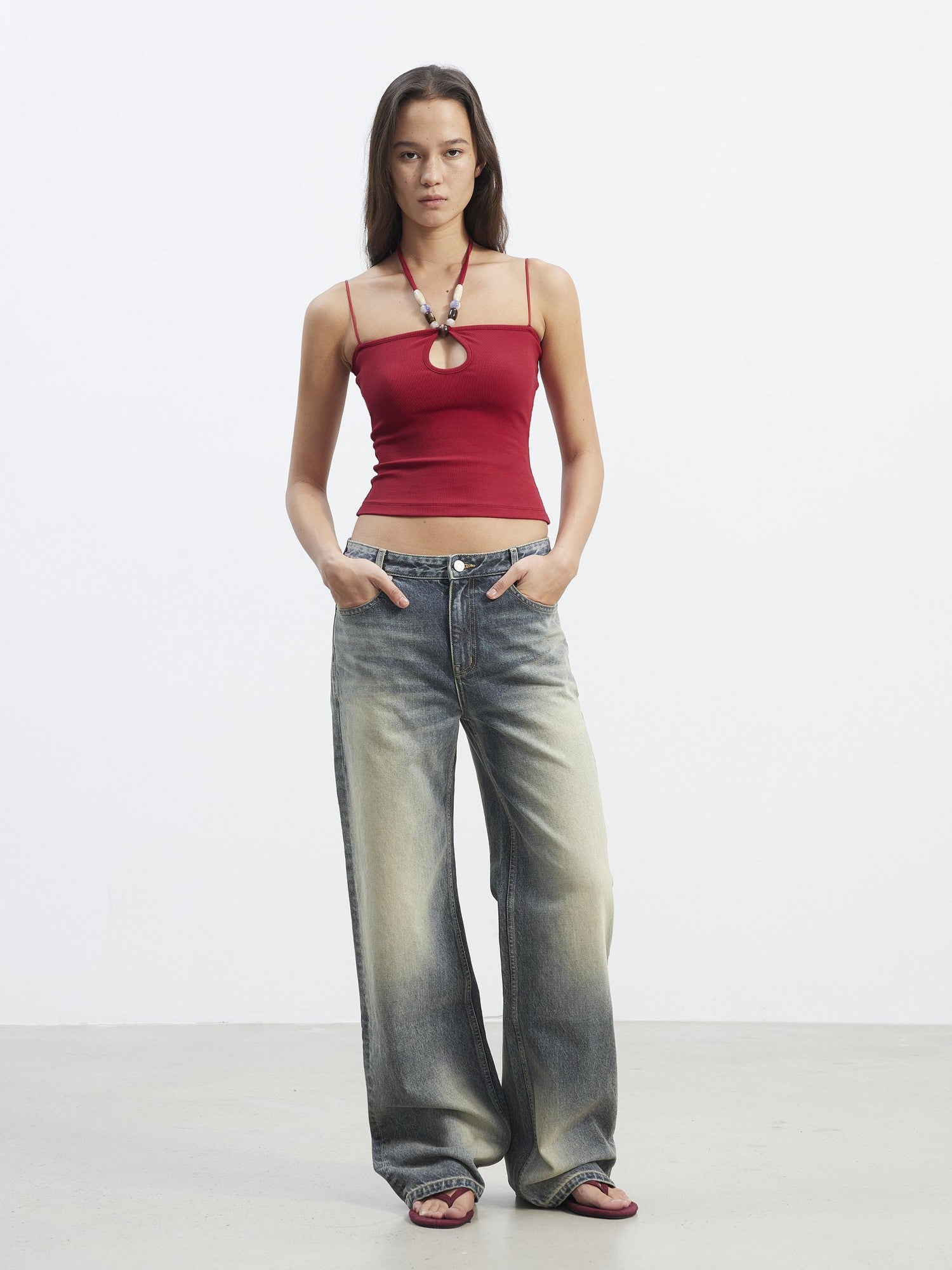 AFTADAWN Ribbed Hollow Beaded Halter Thin Strap Multiway Women&