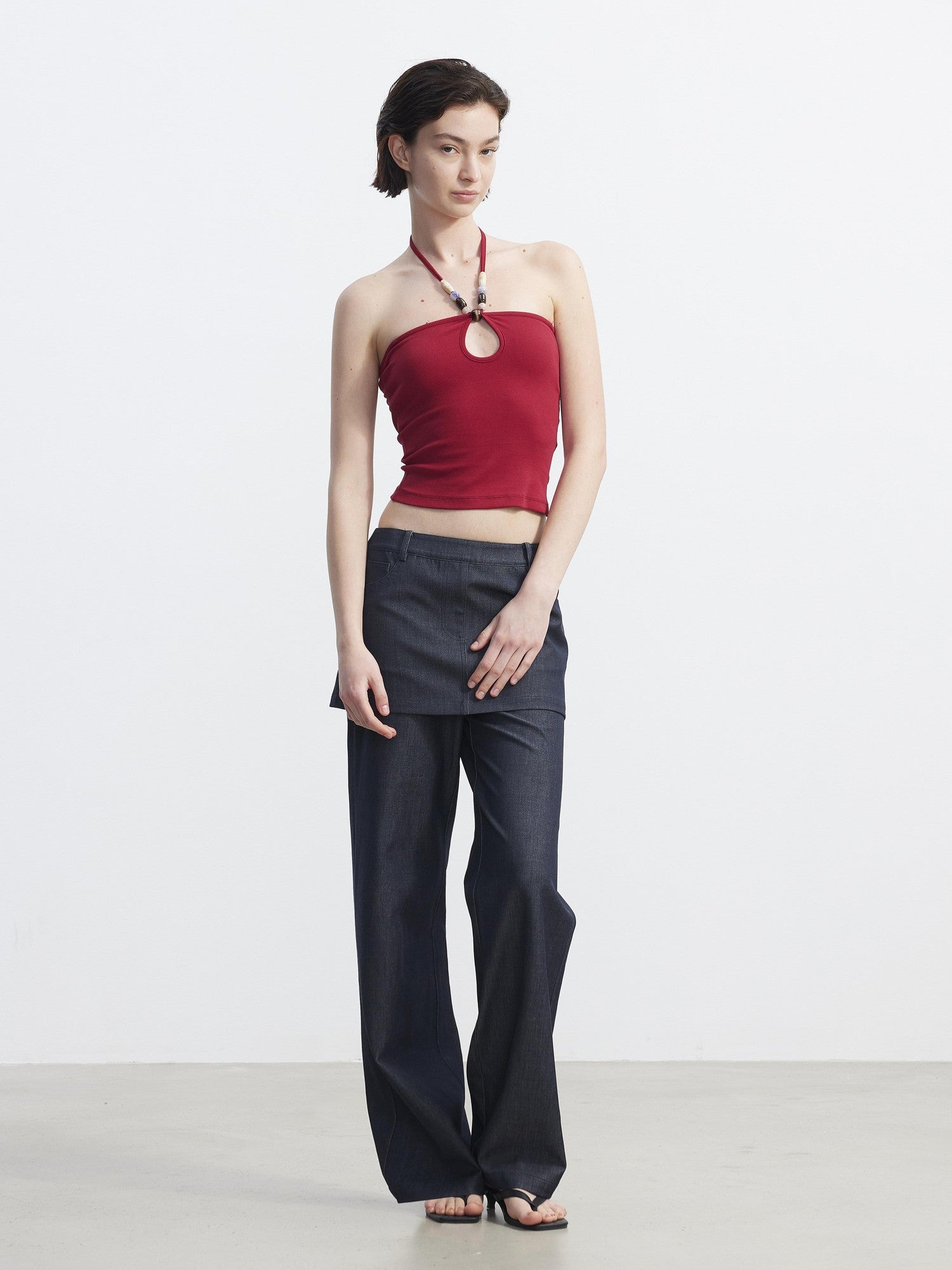 AFTADAWN Ribbed Hollow Beaded Halter Thin Strap Multiway Women&
