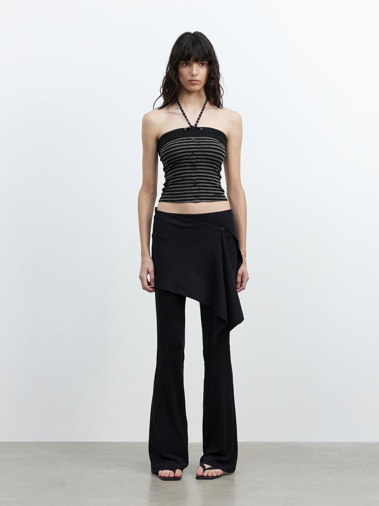 AFTADAWN Ribbed Knit Strapless Top With Contrast Trim And Tie Detail