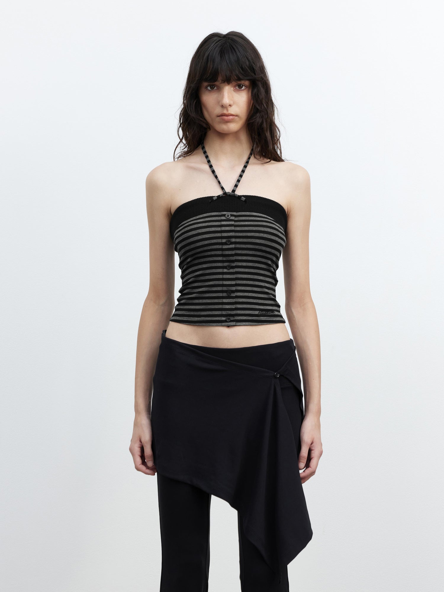 AFTADAWN Ribbed Knit Strapless Top With Contrast Trim And Tie Detail