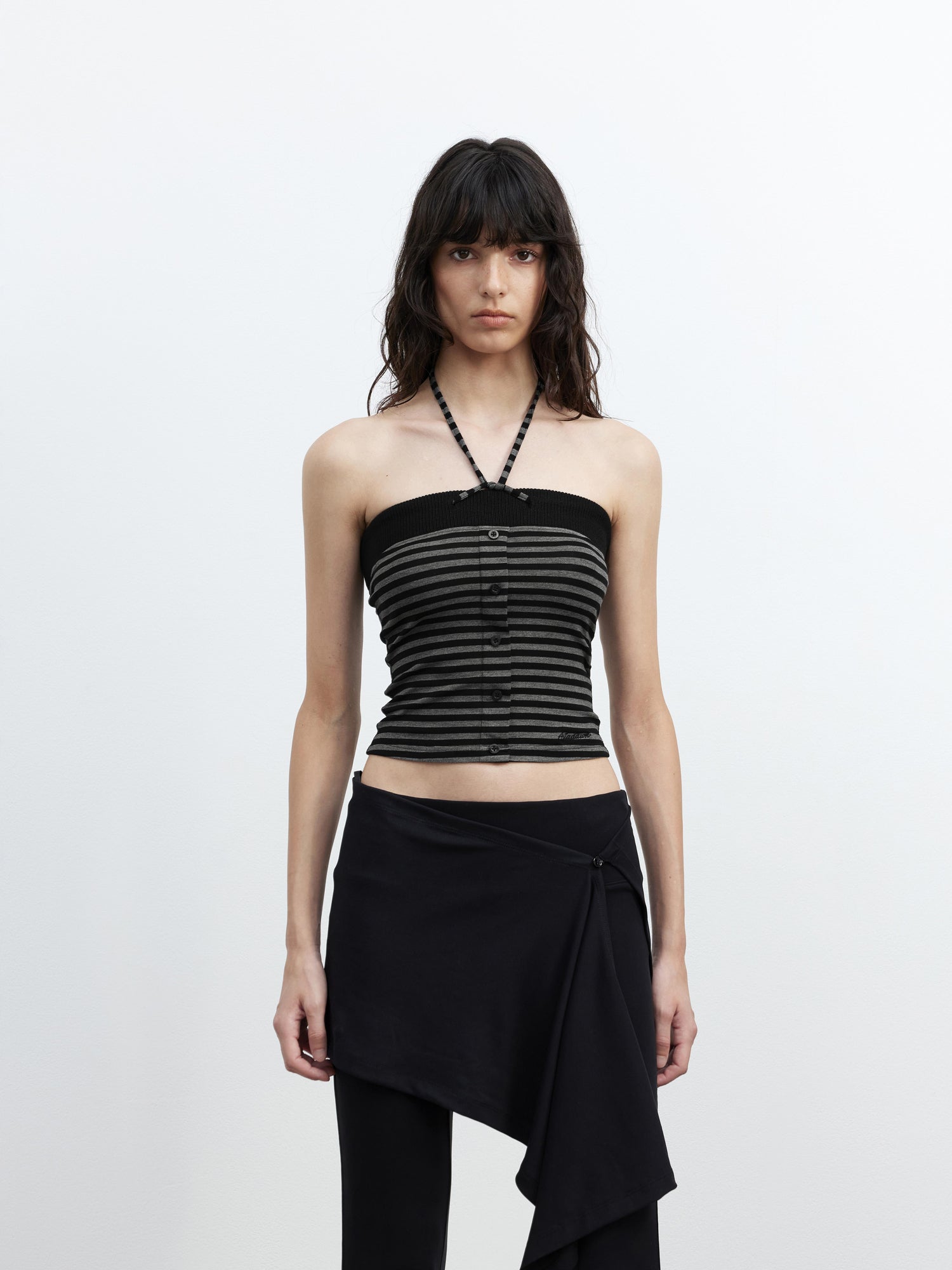 AFTADAWN Ribbed Knit Strapless Top With Contrast Trim And Tie Detail