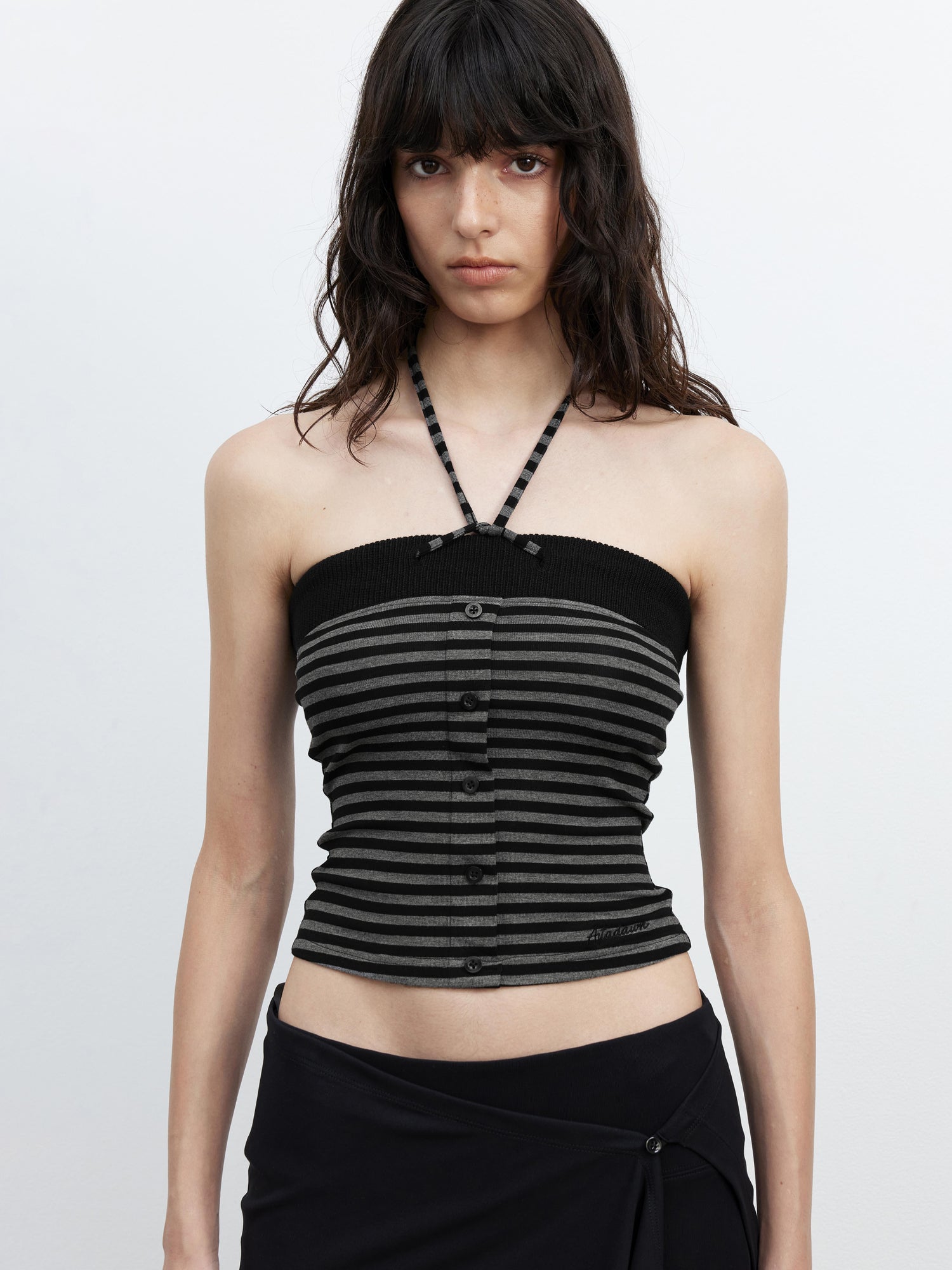 AFTADAWN Ribbed Knit Strapless Top With Contrast Trim And Tie Detail