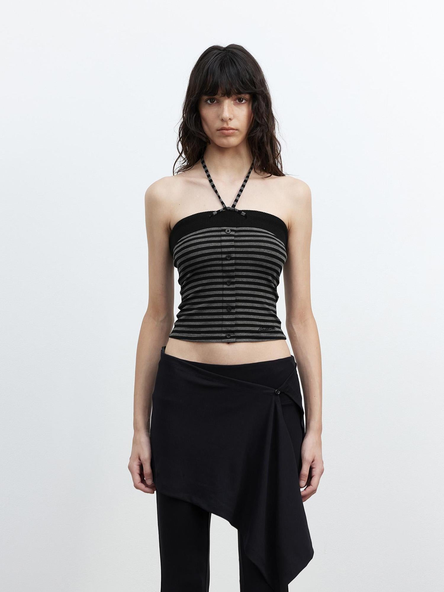 AFTADAWN Ribbed Knit Strapless Top With Contrast Trim And Tie Detail