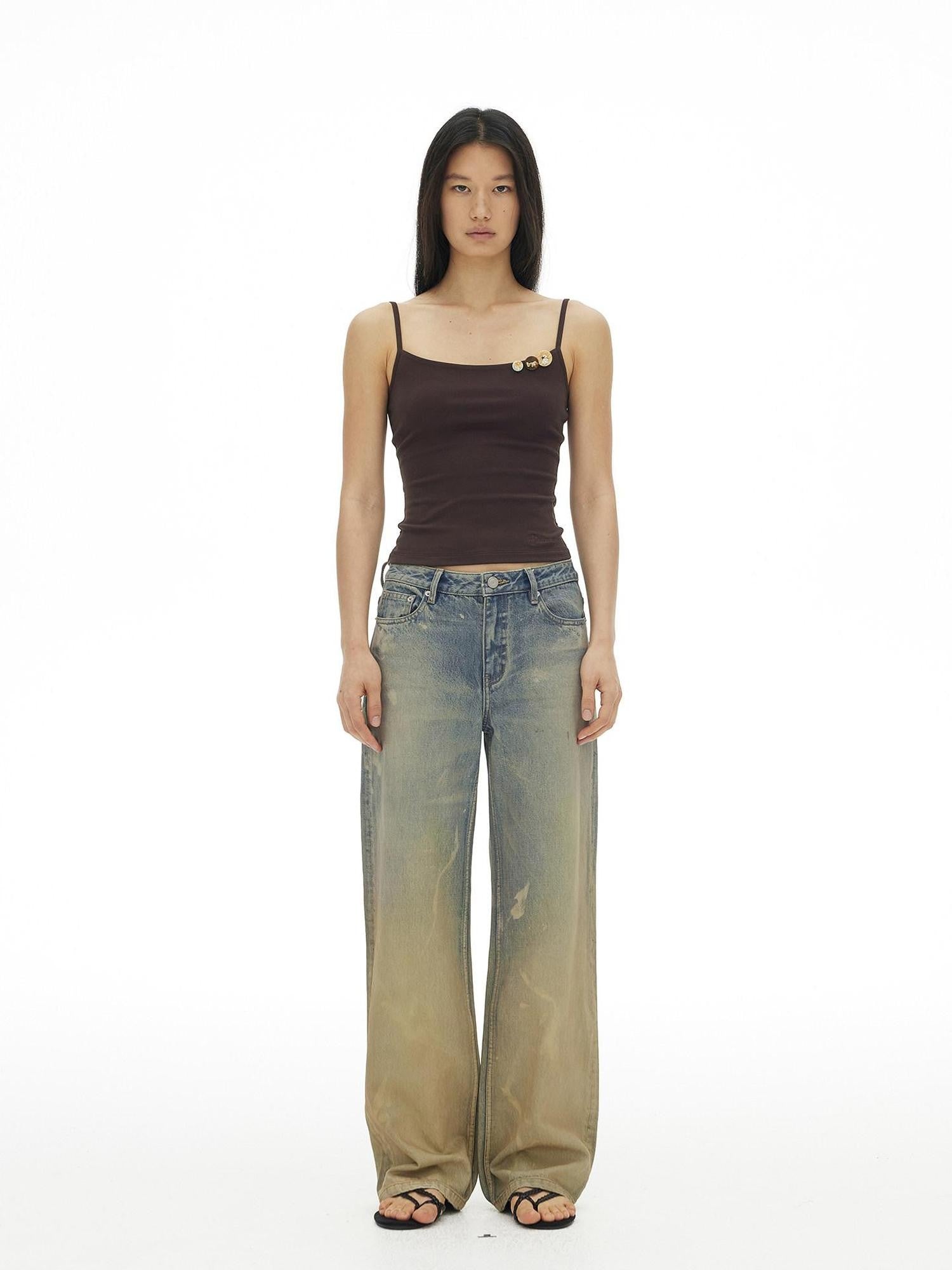 AFTADAWN Ribbed Three Button Thin Straps Cropped Women&