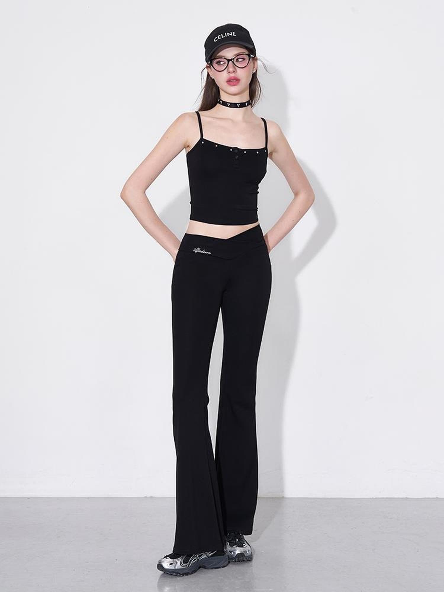 AFTADAWN Rivet Strap Top Flared High Waist Sun Protection Pants Set