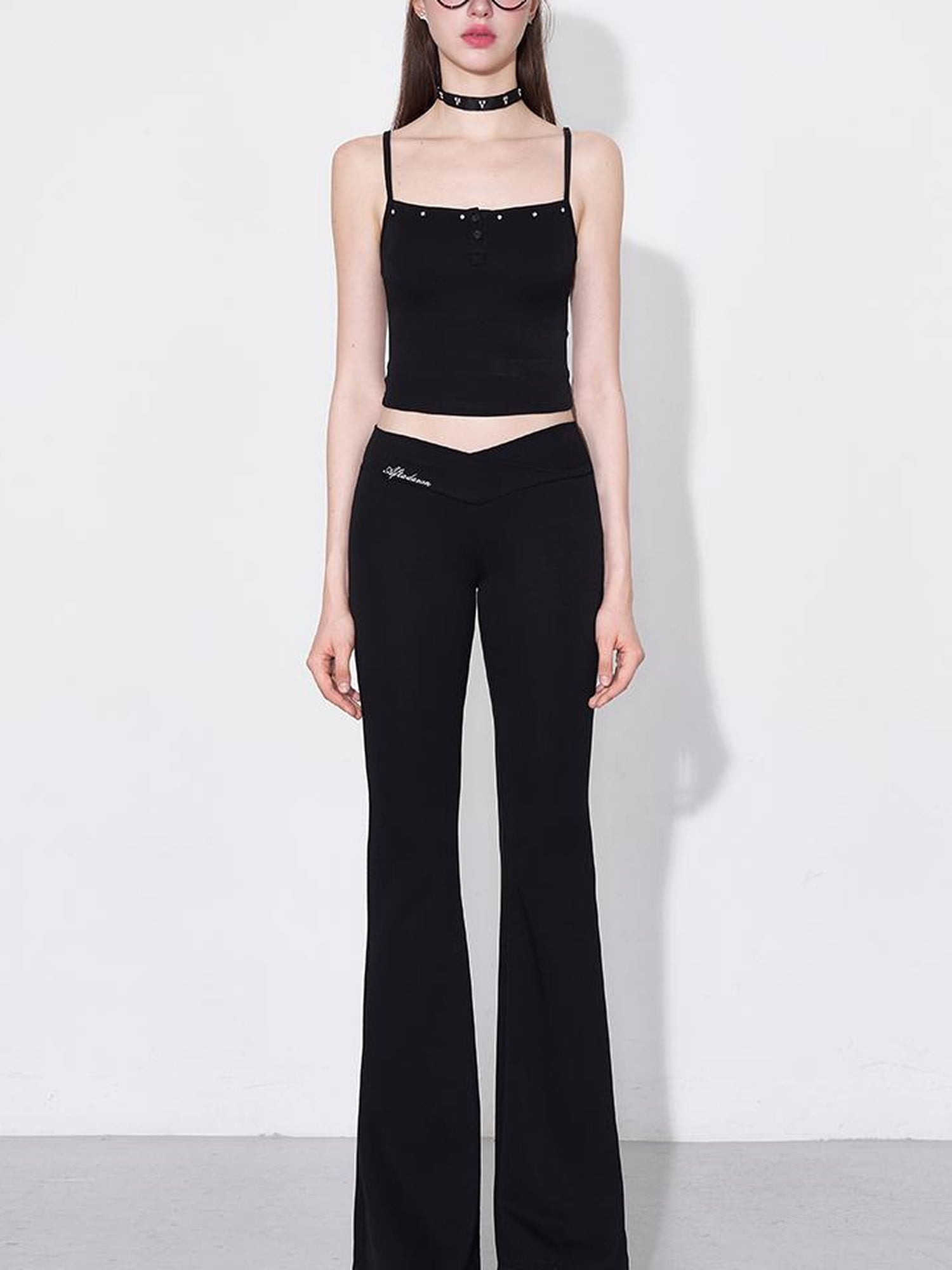 AFTADAWN Rivet Strap Top Flared High Waist Sun Protection Pants Set