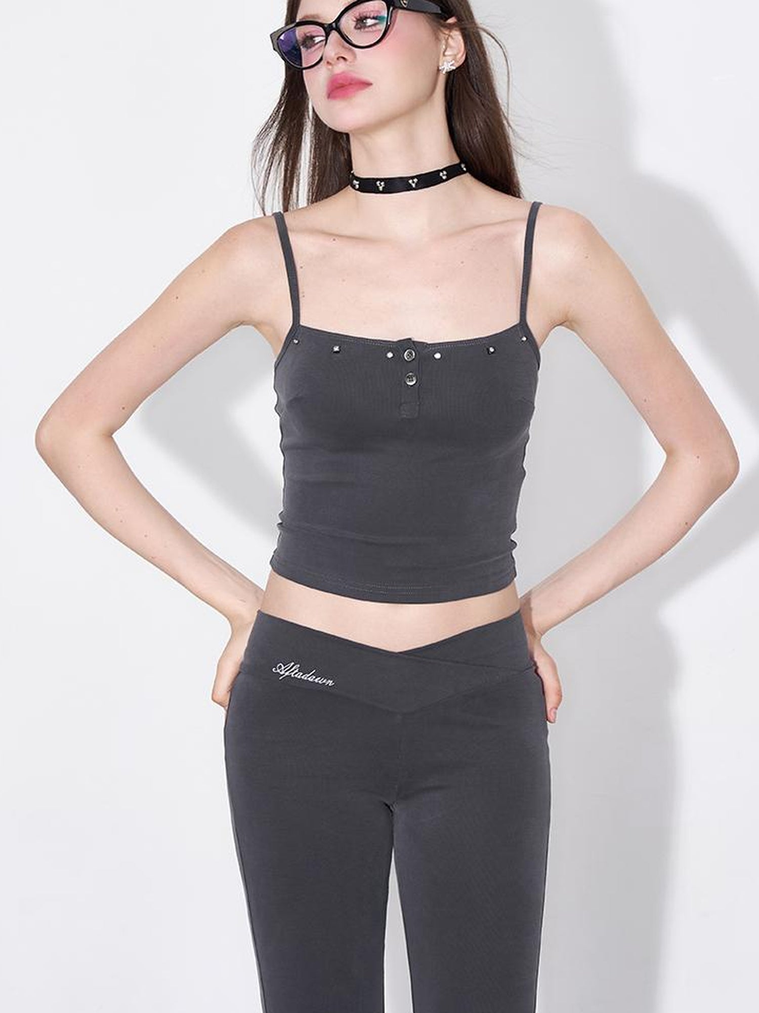 AFTADAWN Rivet Strap Top Flared High Waist Sun Protection Pants Set