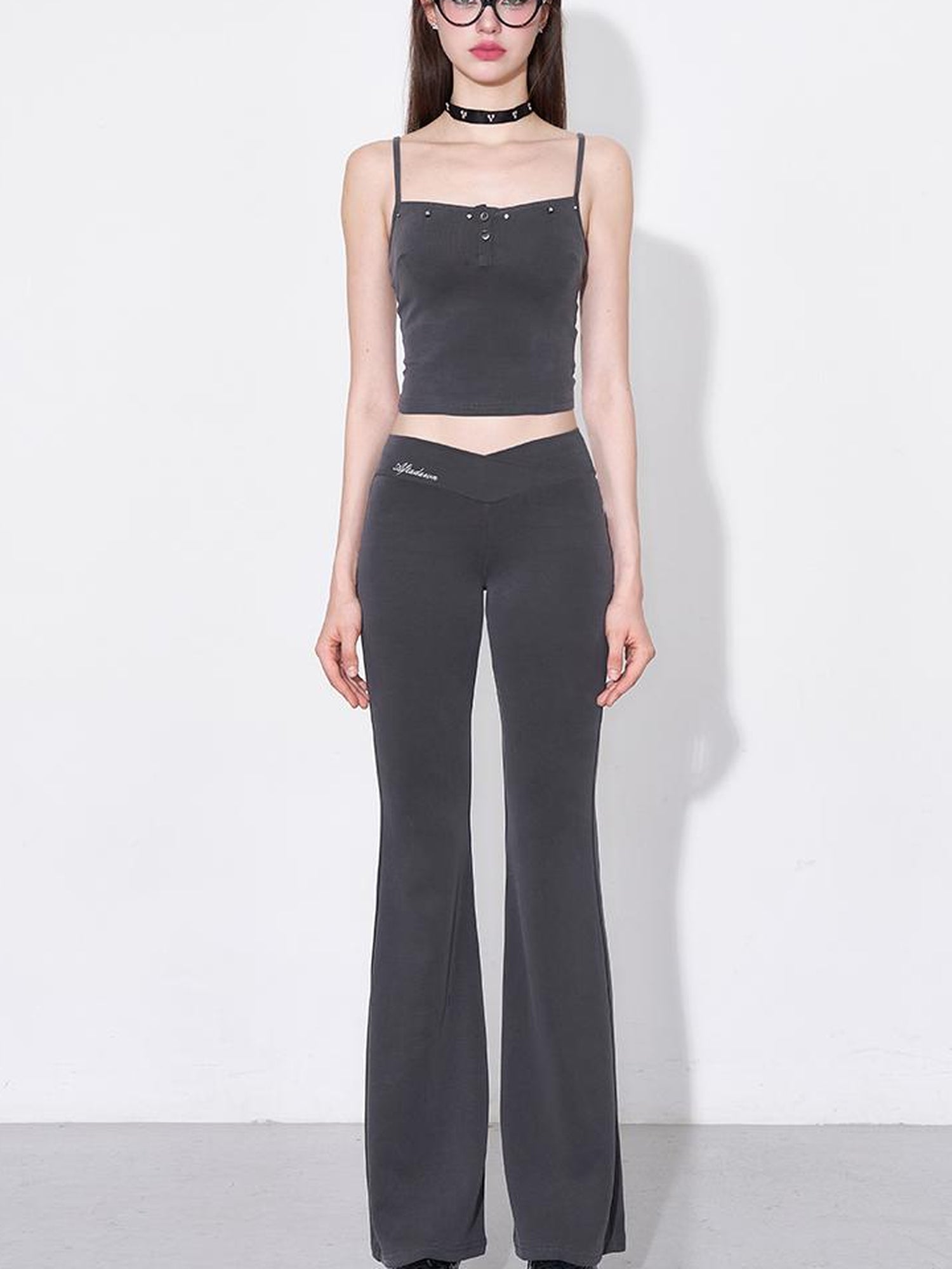 AFTADAWN Rivet Strap Top Flared High Waist Sun Protection Pants Set