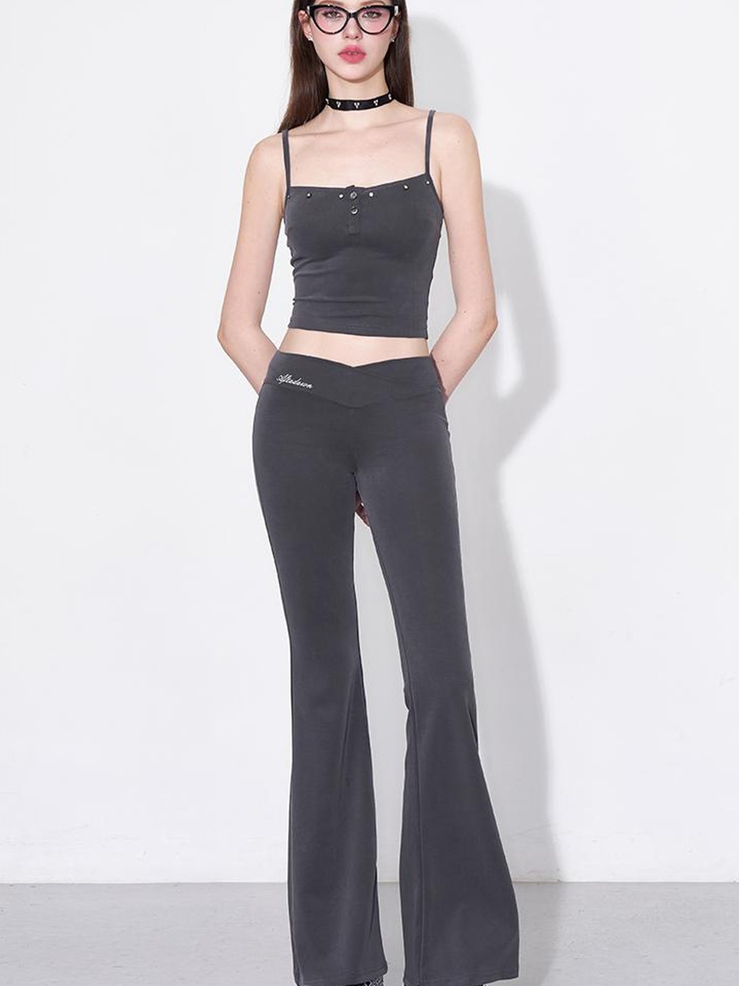 AFTADAWN Rivet Strap Top Flared High Waist Sun Protection Pants Set