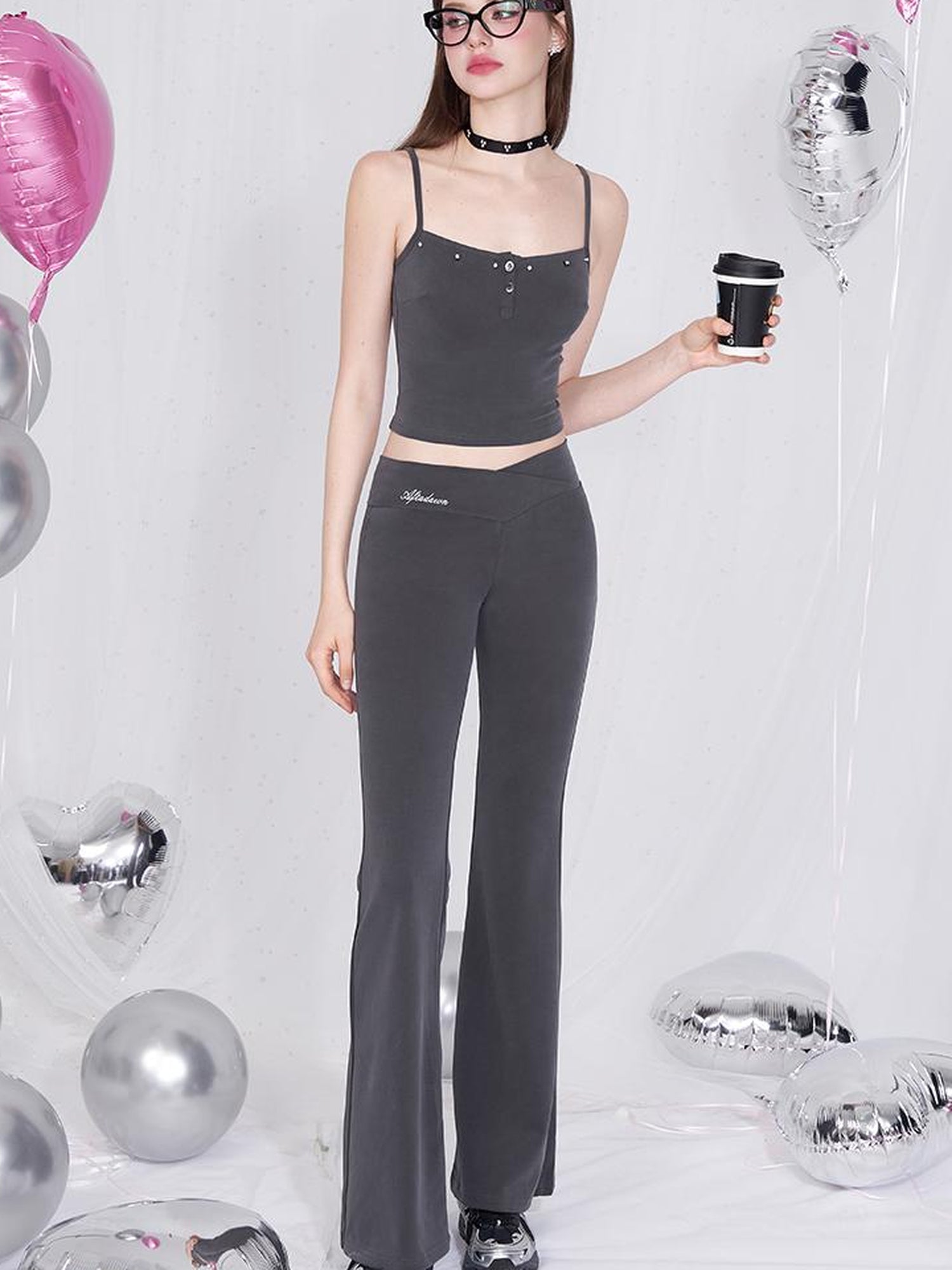 AFTADAWN Rivet Strap Top Flared High Waist Sun Protection Pants Set