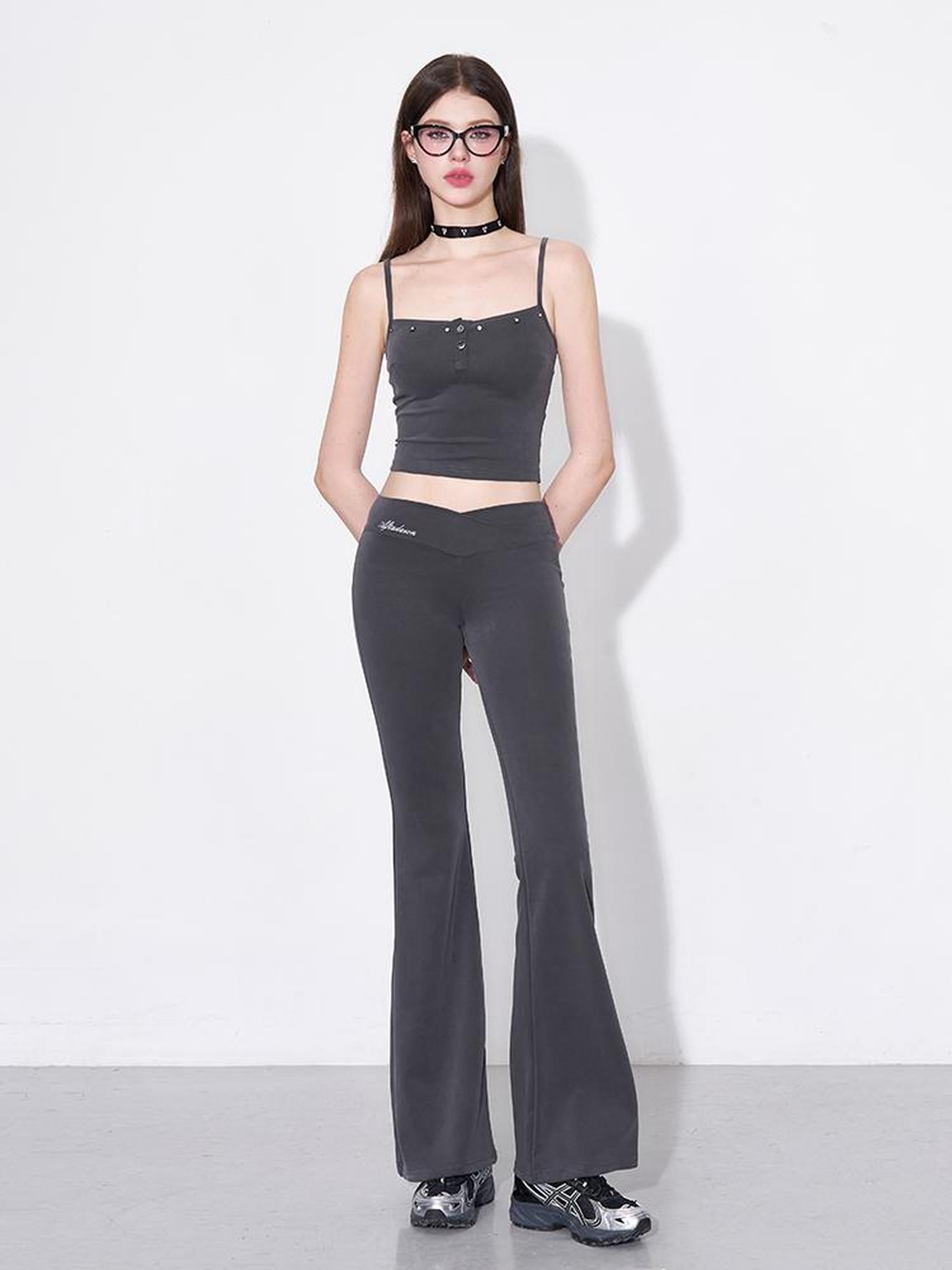 AFTADAWN Rivet Strap Top Flared High Waist Sun Protection Pants Set