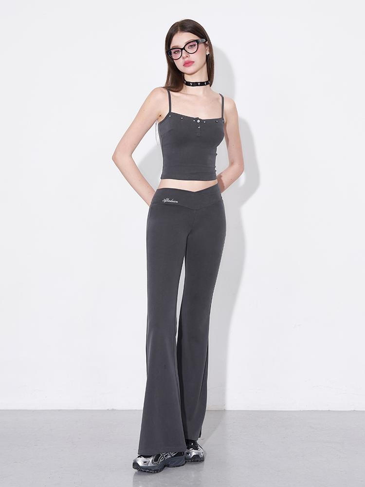 AFTADAWN Rivet Strap Top Flared High Waist Sun Protection Pants Set