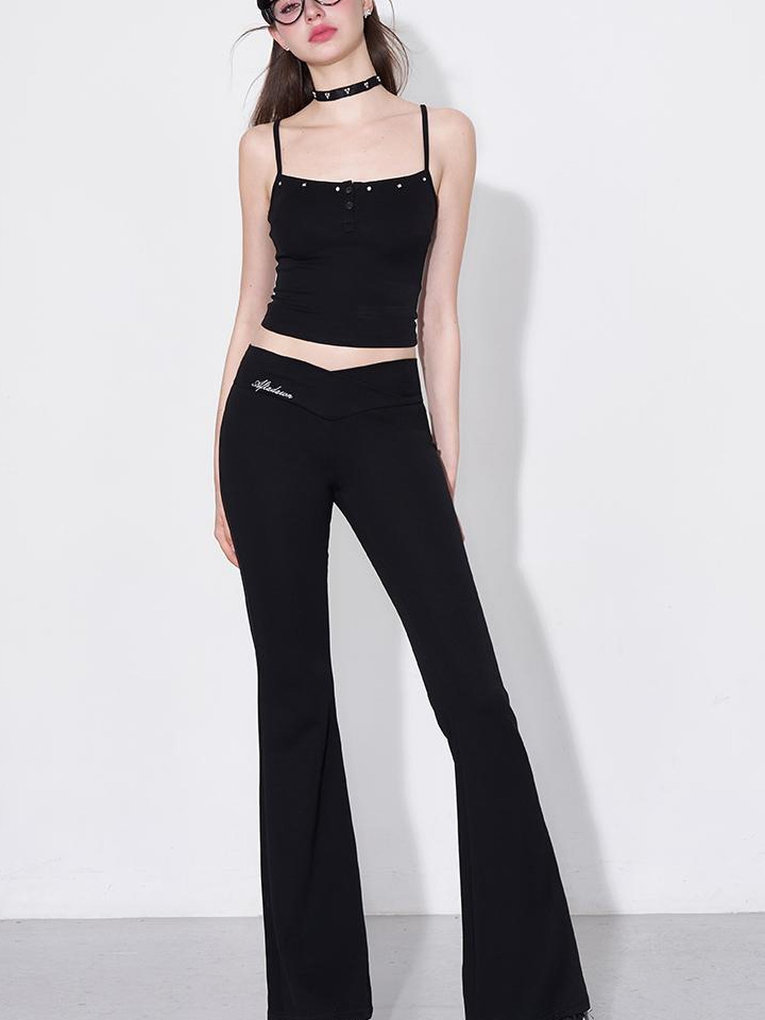 AFTADAWN Rivet Strap Top Flared High Waist Sun Protection Pants Set