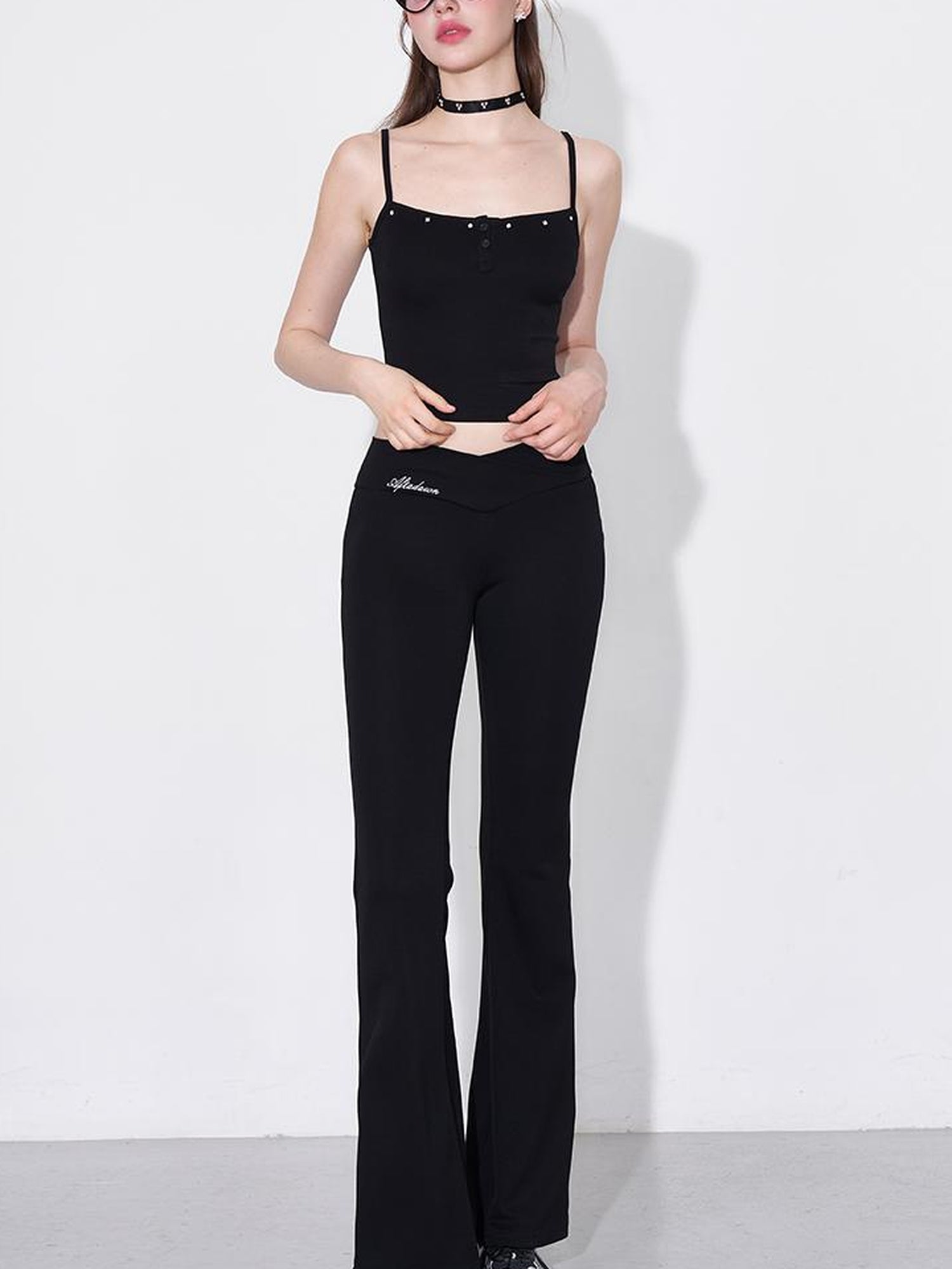 AFTADAWN Rivet Strap Top Flared High Waist Sun Protection Pants Set