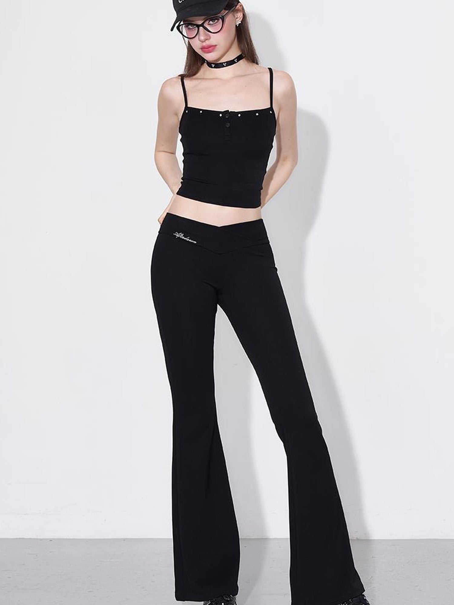 AFTADAWN Rivet Strap Top Flared High Waist Sun Protection Pants Set
