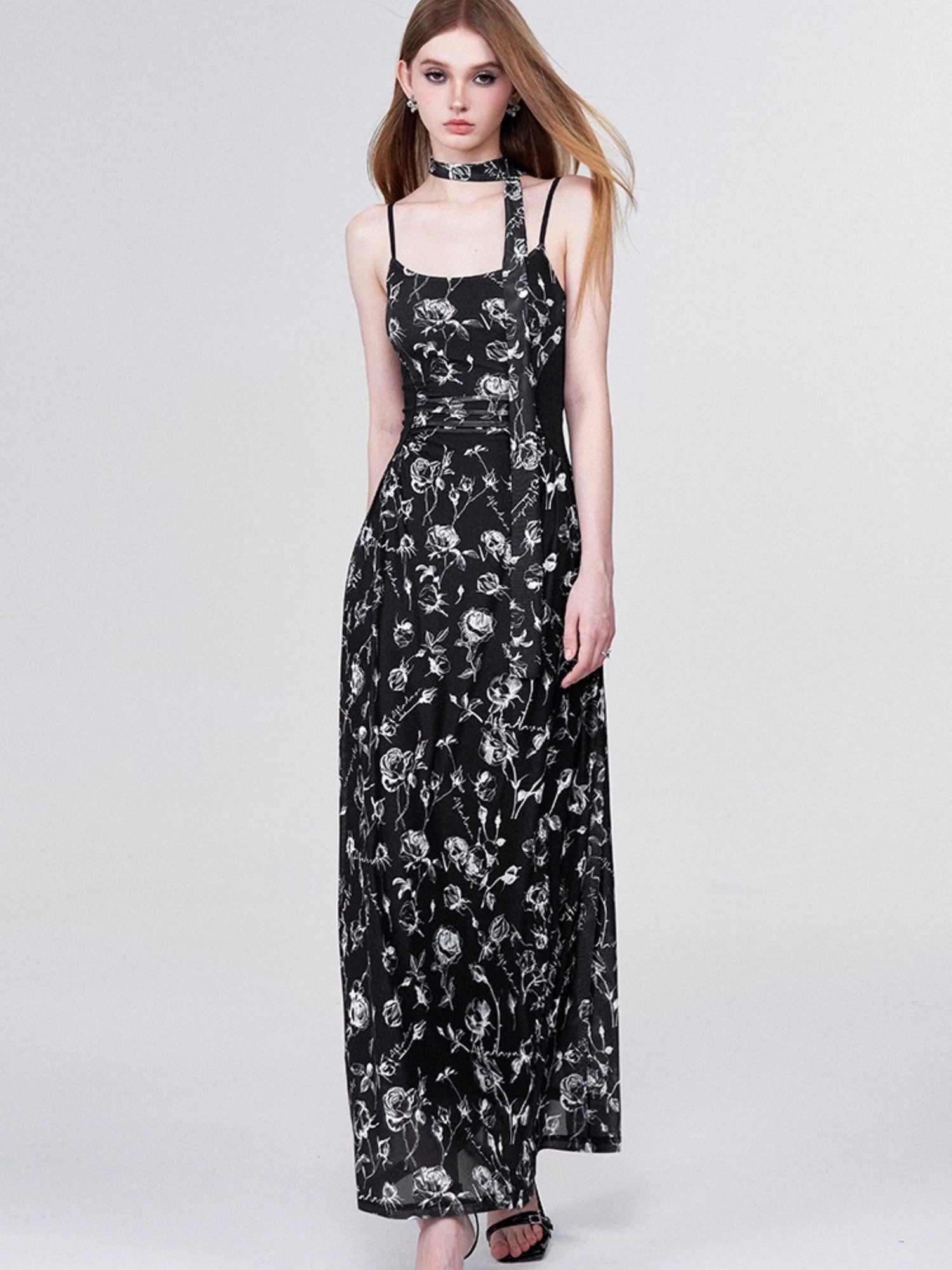 AFTADAWN Rose Print Mesh Camisole Ruched Waist Women&