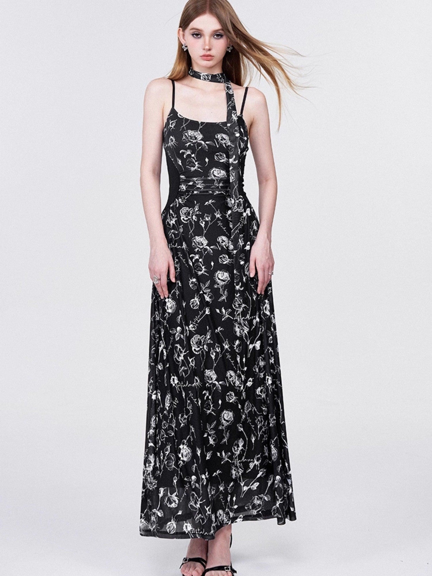 AFTADAWN Rose Print Mesh Camisole Ruched Waist Women&
