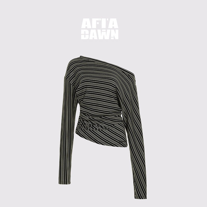 AFTADAWN_Ruched_Asymmetric_Neck_Striped_Women&