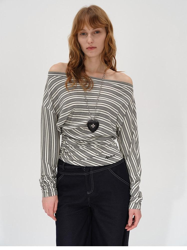 AFTADAWN Ruched Asymmetric Neck Striped Women&