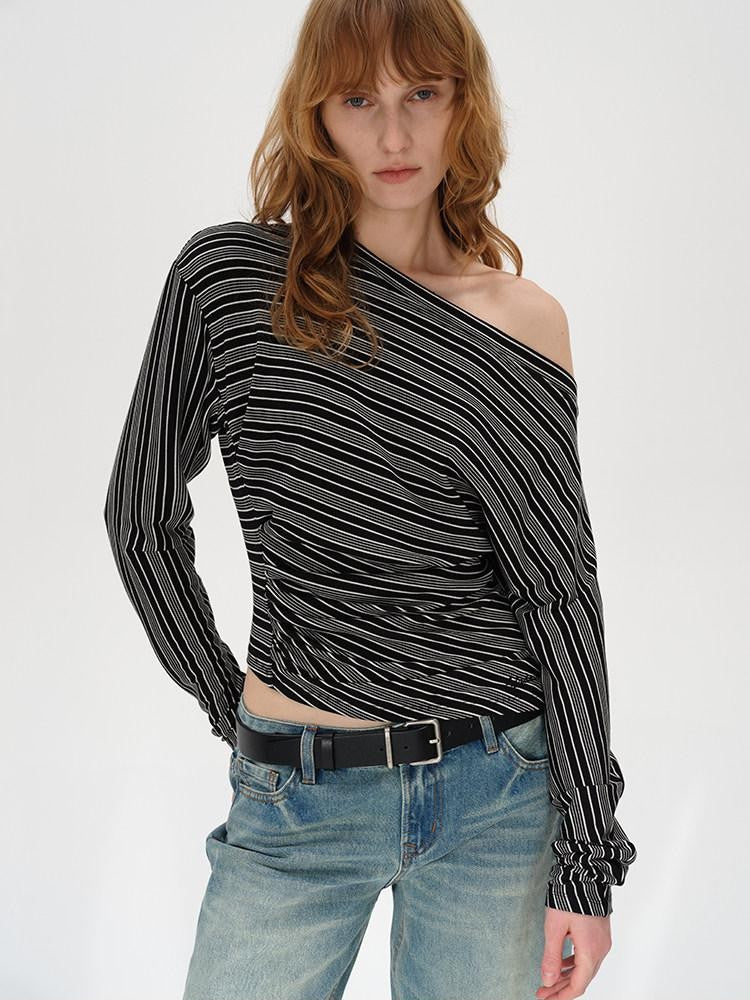 AFTADAWN Ruched Asymmetric Neck Striped Women&