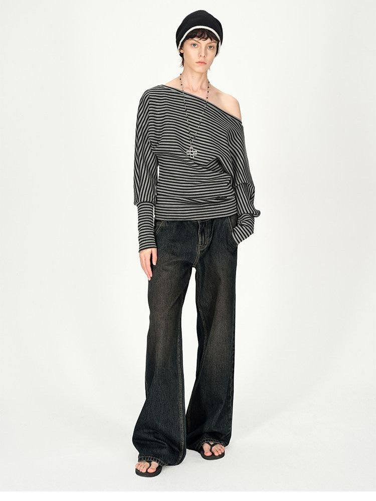 AFTADAWN Ruched Asymmetric Shoulder Striped Embroidered Women&