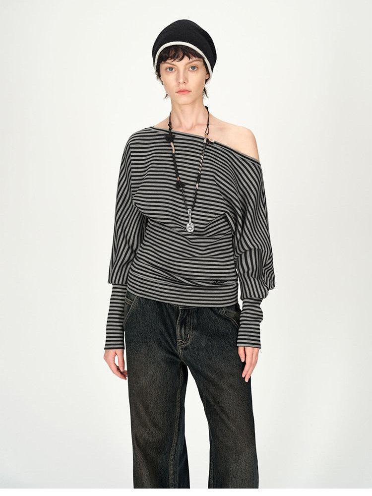 AFTADAWN Ruched Asymmetric Shoulder Striped Embroidered Women&