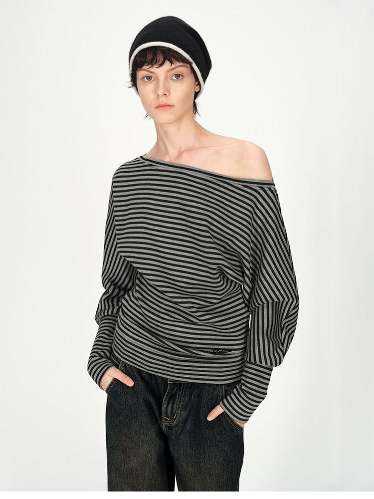 AFTADAWN Ruched Asymmetric Shoulder Striped Embroidered Women&