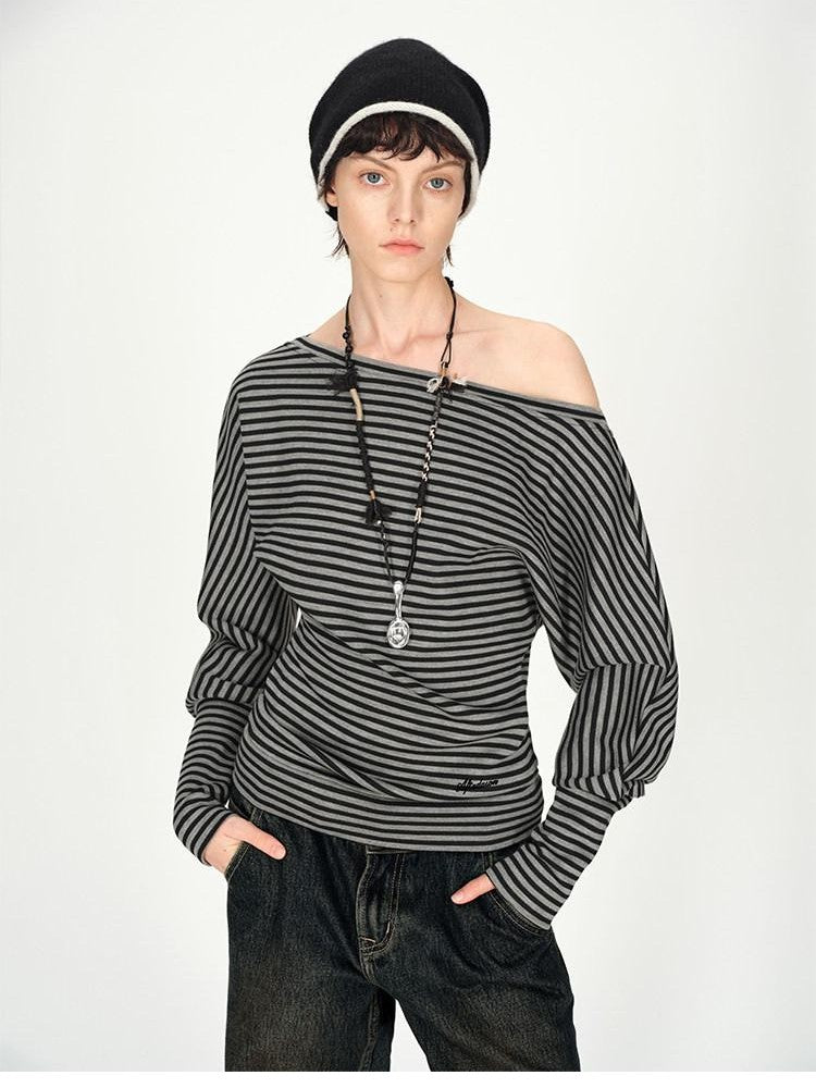 AFTADAWN Ruched Asymmetric Shoulder Striped Embroidered Women&