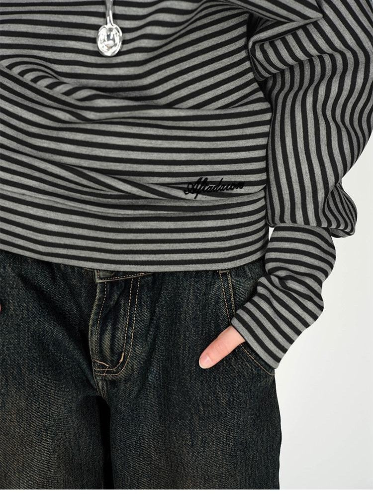 AFTADAWN Ruched Asymmetric Shoulder Striped Embroidered Women&