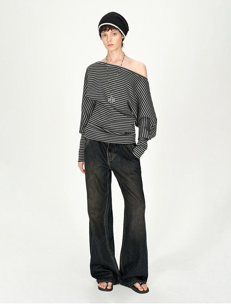 AFTADAWN Ruched Asymmetric Shoulder Striped Embroidered Women&