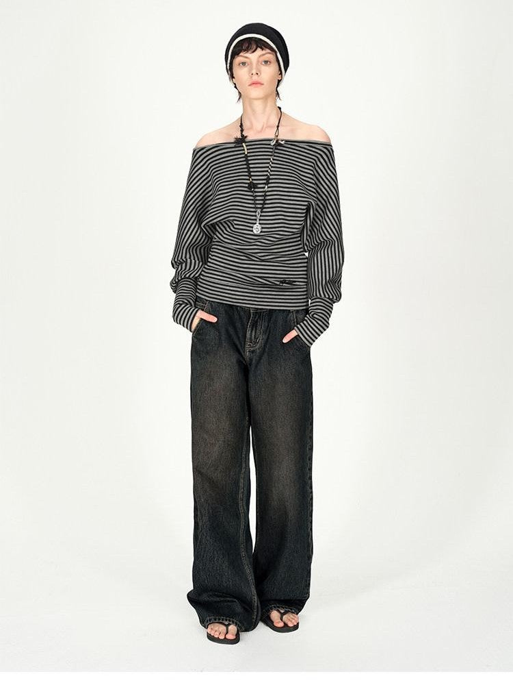AFTADAWN Ruched Asymmetric Shoulder Striped Embroidered Women&