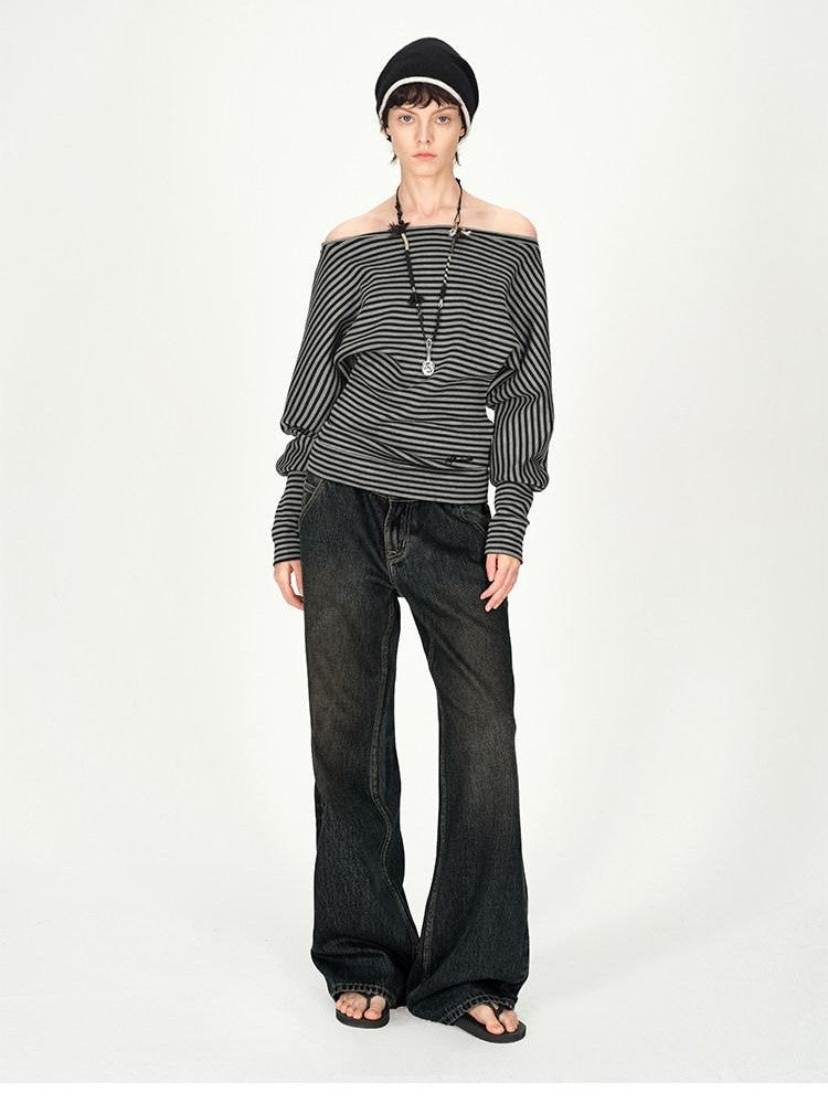 AFTADAWN Ruched Asymmetric Shoulder Striped Embroidered Women&