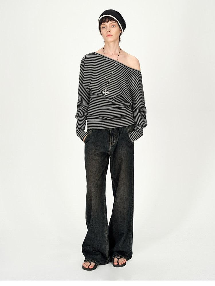 AFTADAWN Ruched Asymmetric Shoulder Striped Embroidered Women&