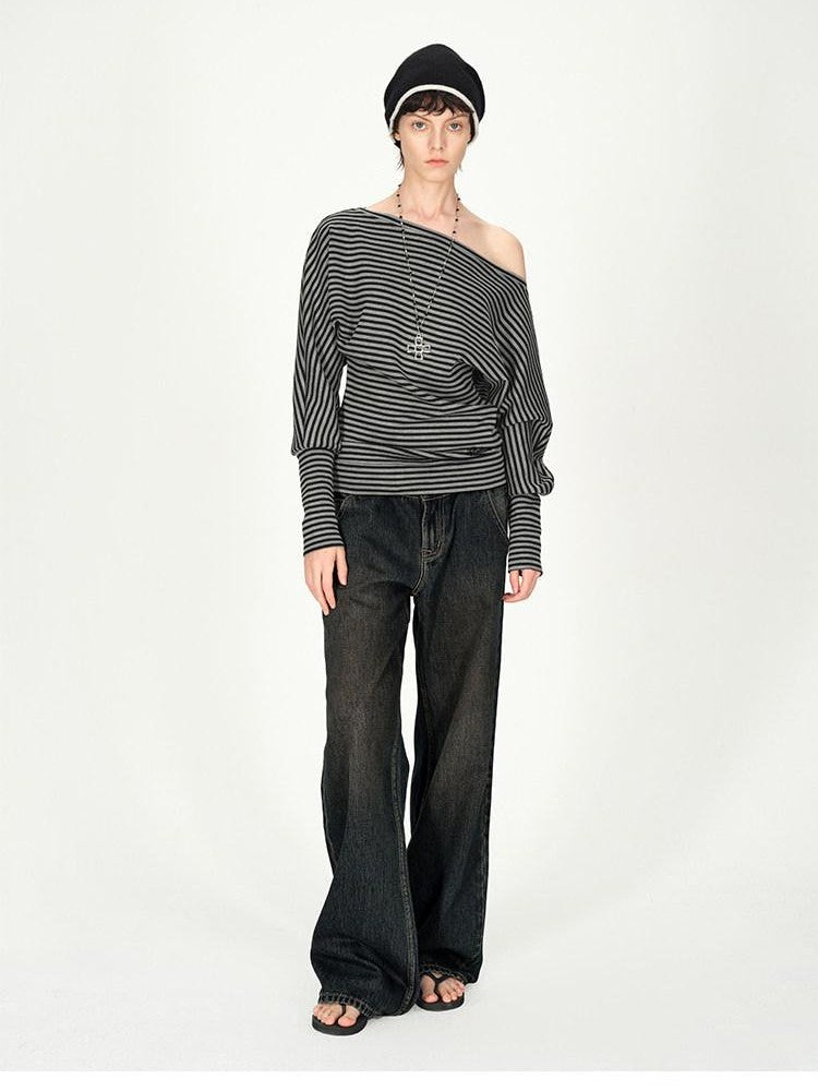 AFTADAWN Ruched Asymmetric Shoulder Striped Embroidered Women&