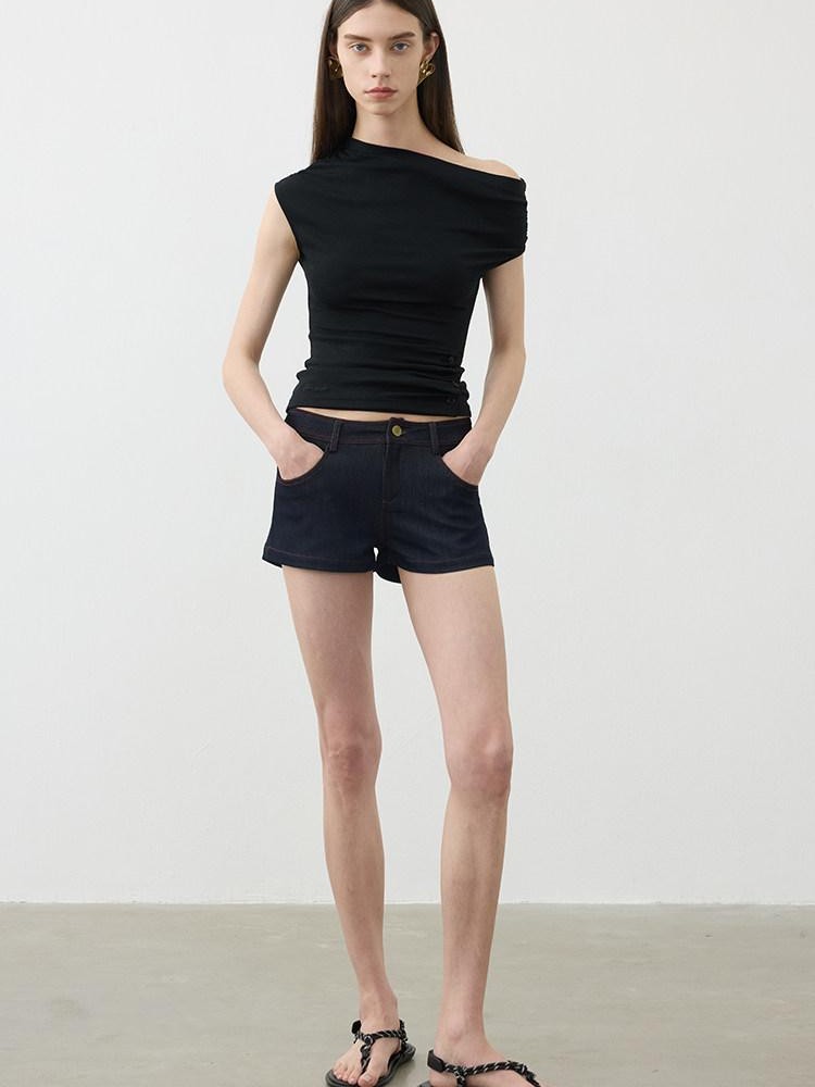 AFTADAWN Ruched Asymmetric Slanted Neck Women&