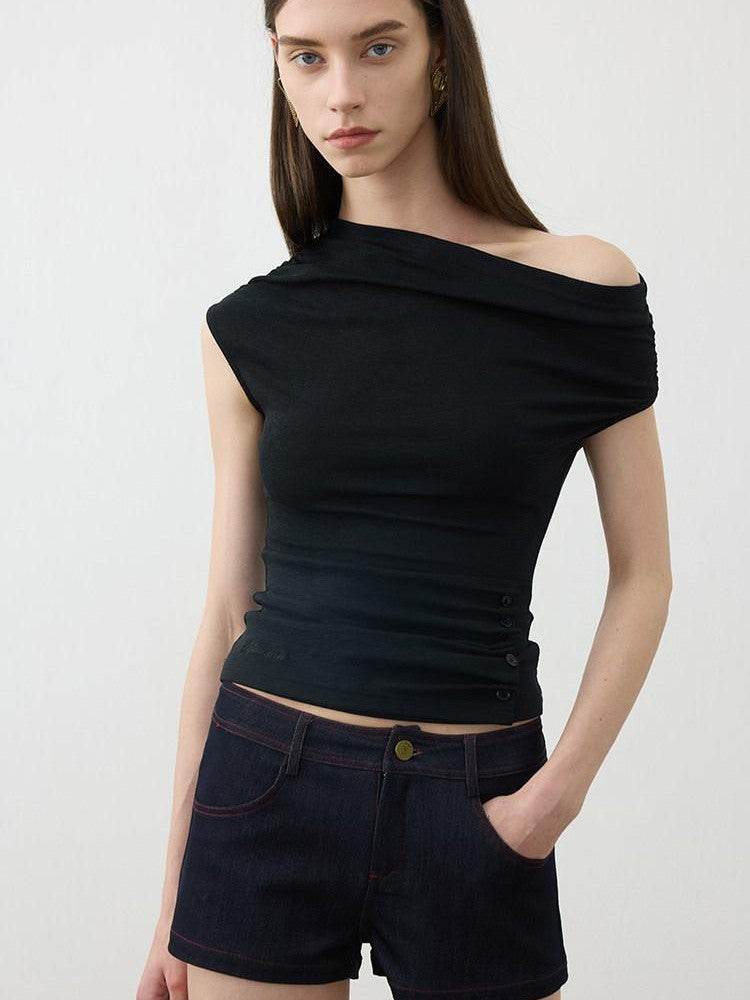 AFTADAWN Ruched Asymmetric Slanted Neck Women&