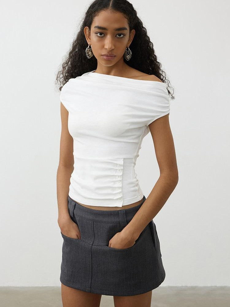 AFTADAWN Ruched Asymmetric Slanted Neck Women&
