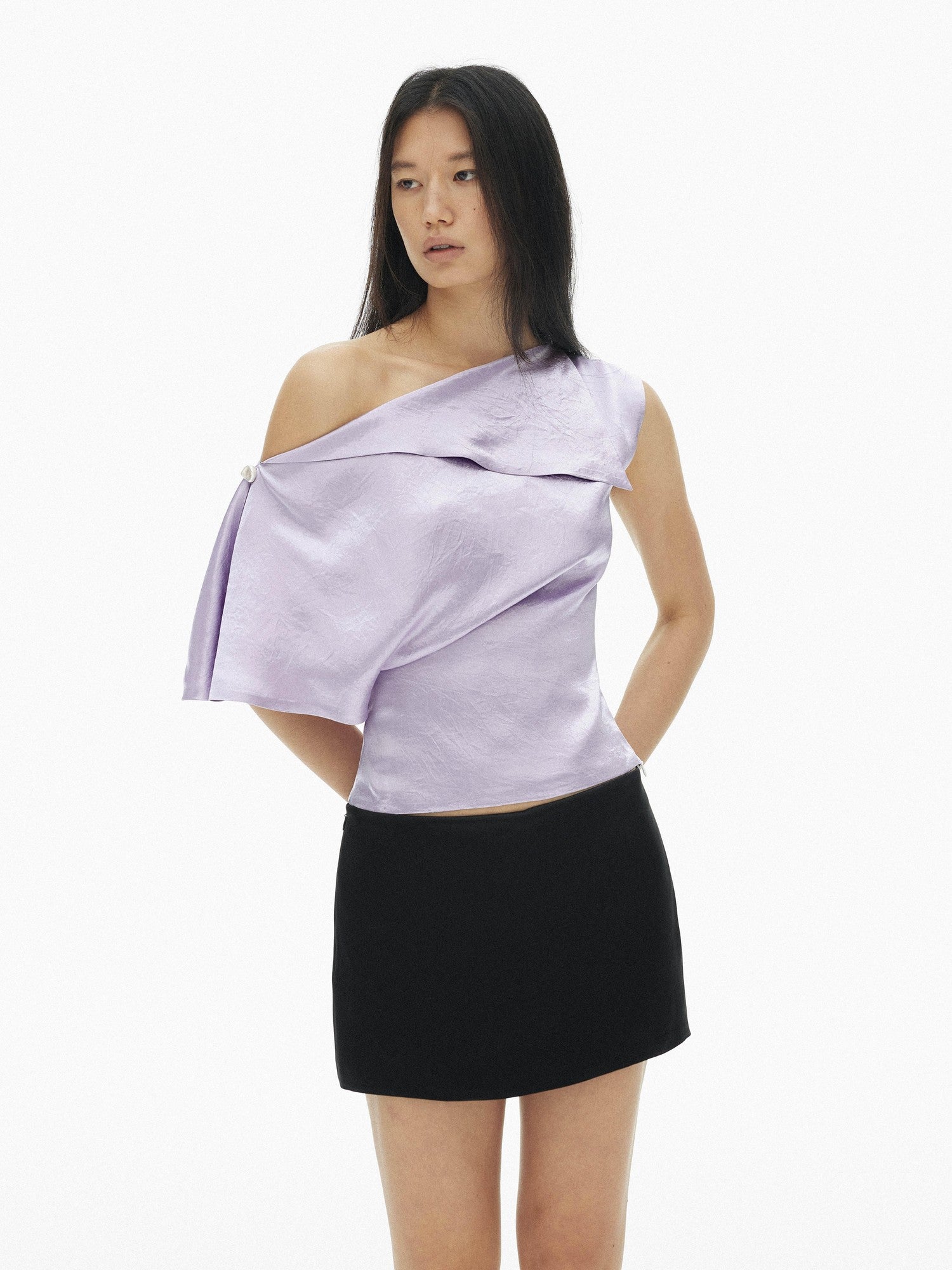 AFTADAWN Satin Asymmetric One Sleeve Button Waist Women&