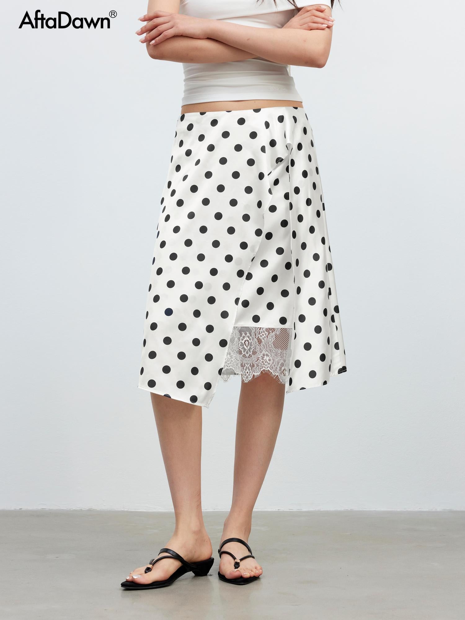 AFTADAWN Satin Dot Lace Asymmetrical Skirt