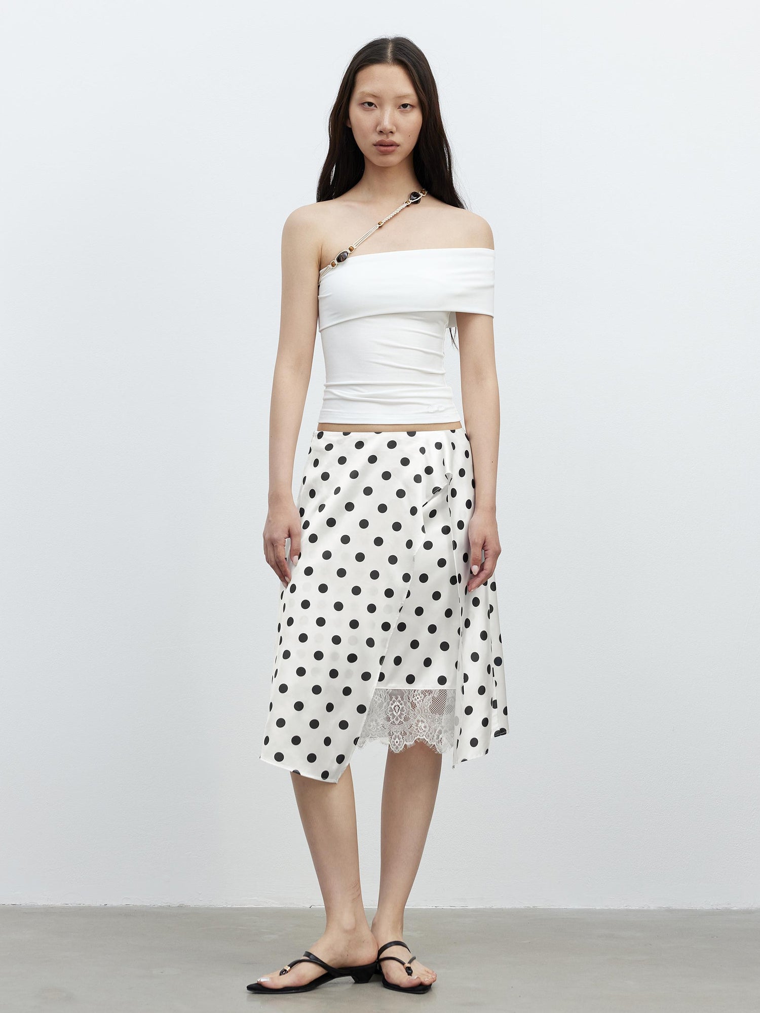AFTADAWN Satin Dot Lace Asymmetrical Skirt